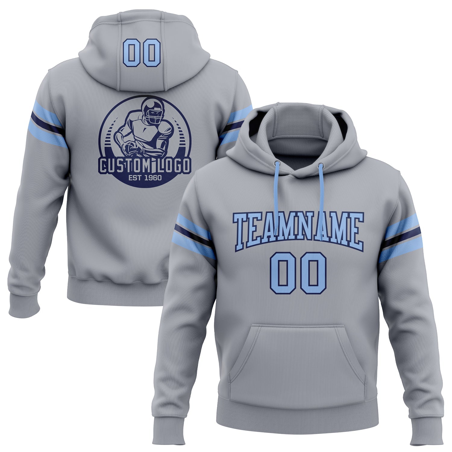 Custom Stitched Gray Light Blue-Navy Football Pullover Sweatshirt Hoodie - Main View
