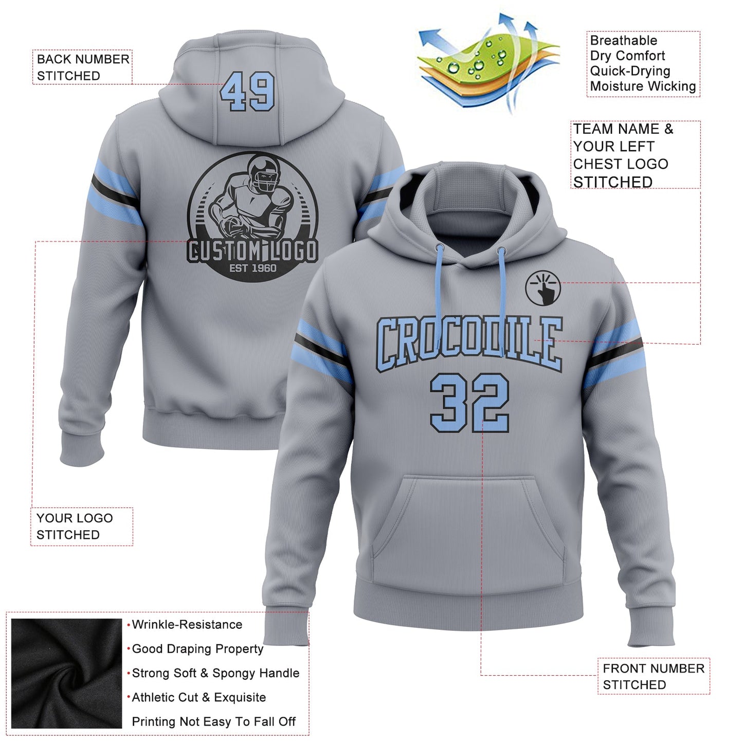 Custom Stitched Gray Light Blue-Black Football Pullover Sweatshirt Hoodie view 2