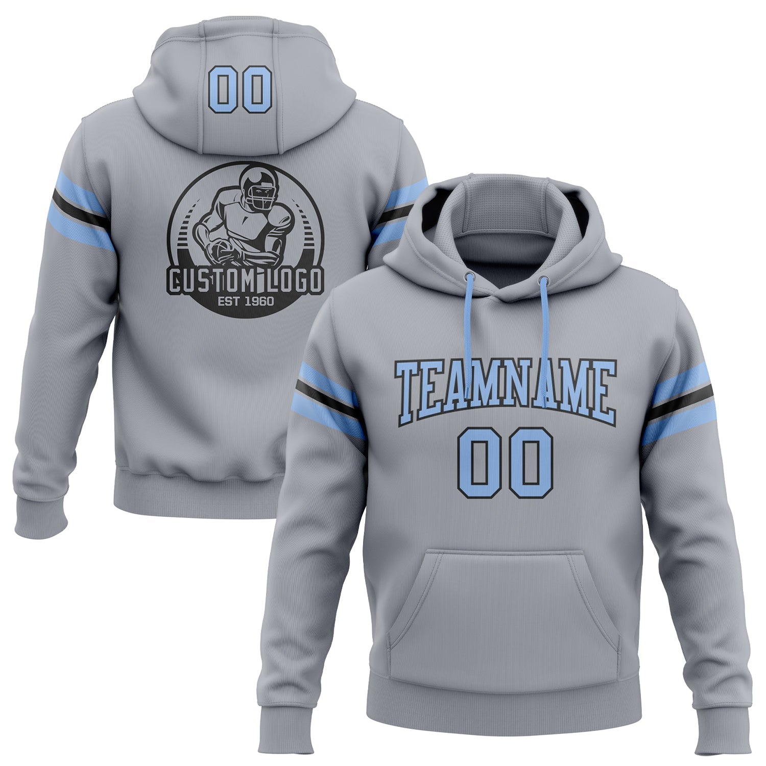 Custom Stitched Gray Light Blue-Black Football Pullover Sweatshirt Hoodie - Main View