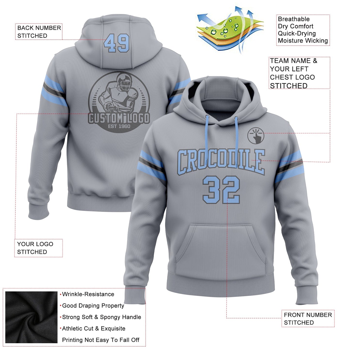 Custom Stitched Gray Light Blue-Steel Gray Football Pullover Sweatshirt Hoodie view 2