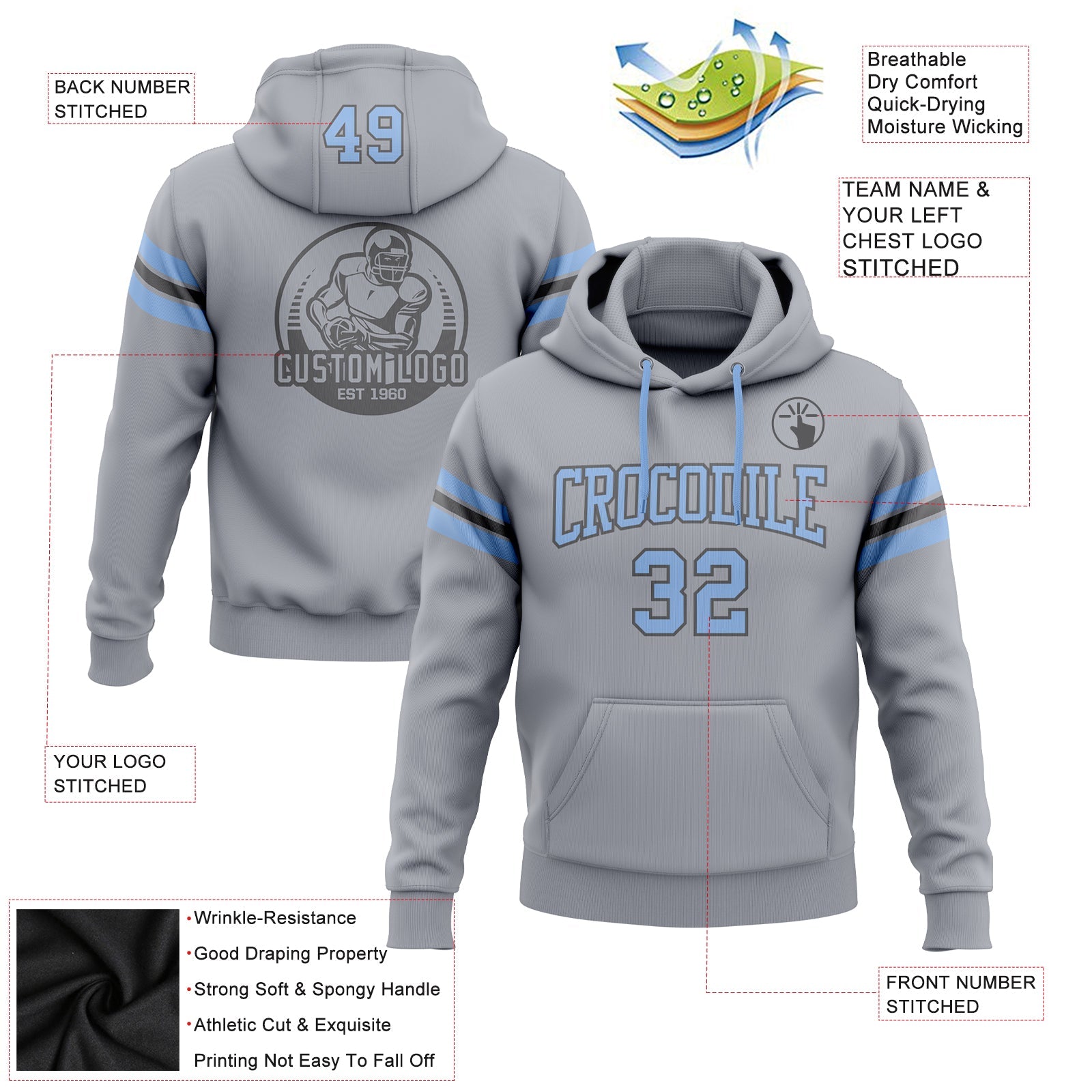 Custom Stitched Gray Light Blue-Steel Gray Football Pullover Sweatshirt Hoodie view 2