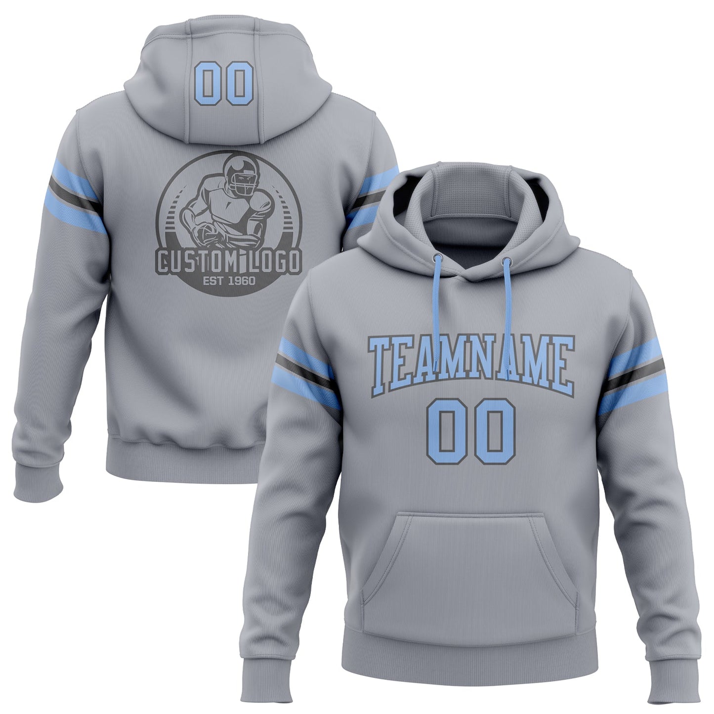 Custom Stitched Gray Light Blue-Steel Gray Football Pullover Sweatshirt Hoodie - Main View