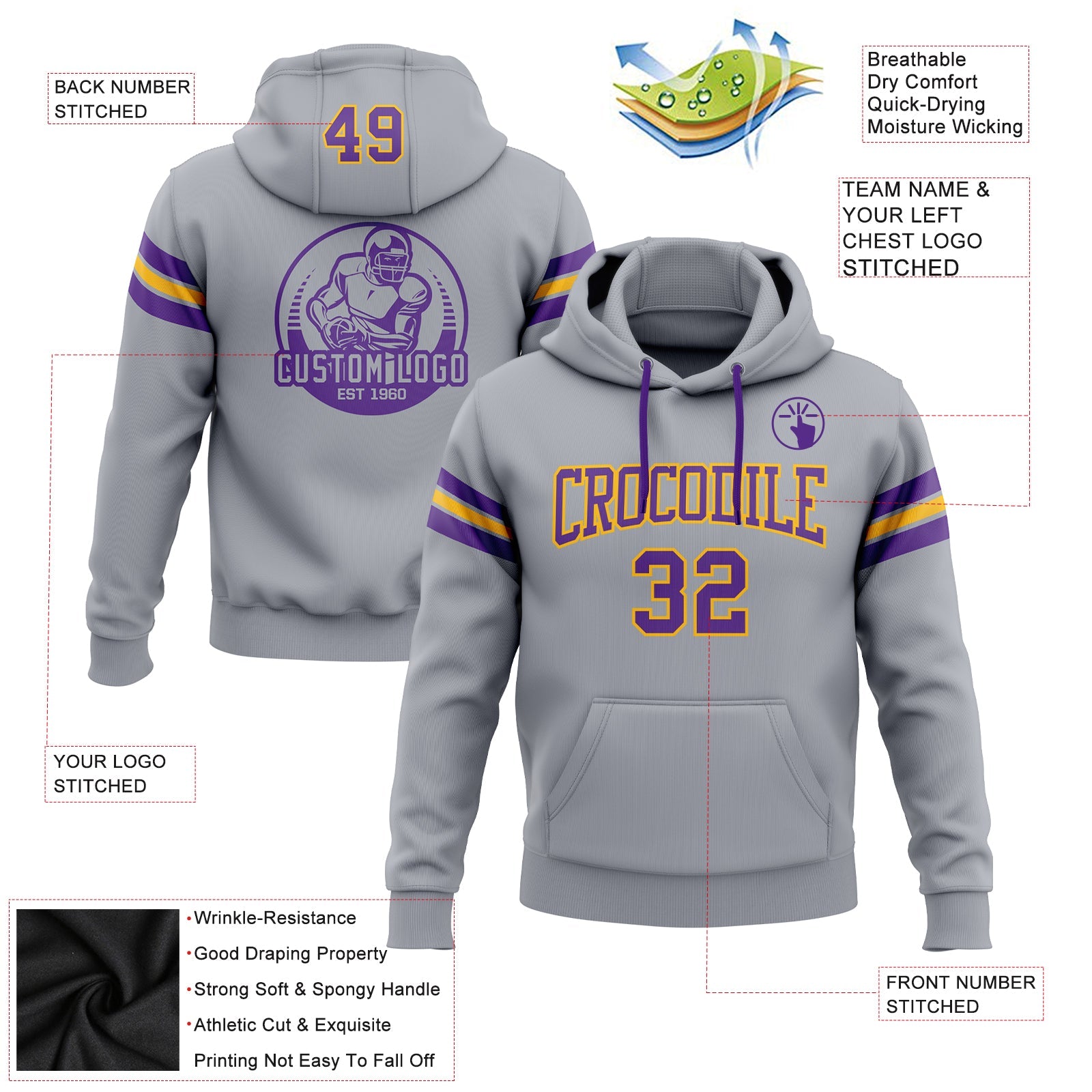Custom Stitched Gray Purple-Gold Football Pullover Sweatshirt Hoodie view 2