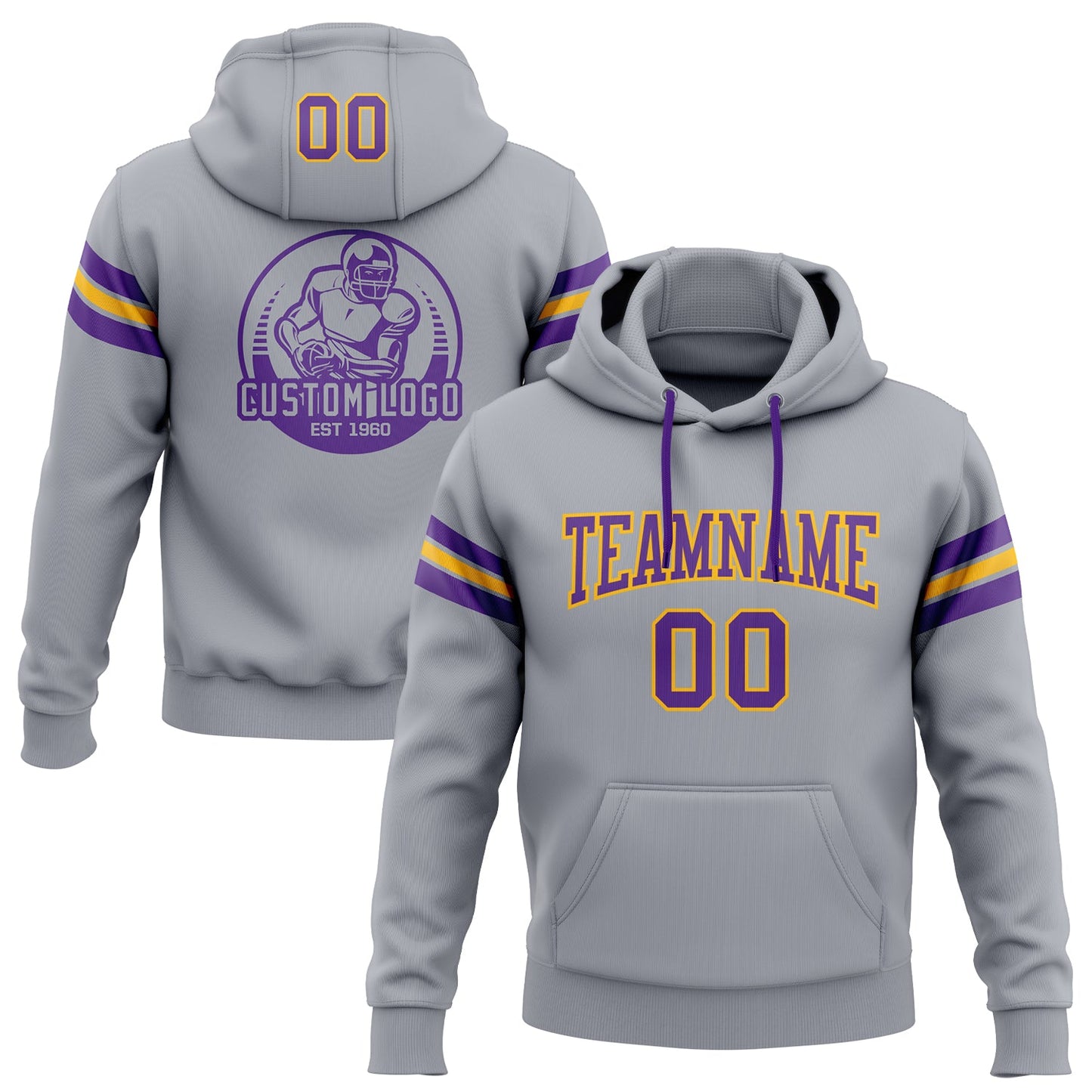Custom Stitched Gray Purple-Gold Football Pullover Sweatshirt Hoodie - Main View