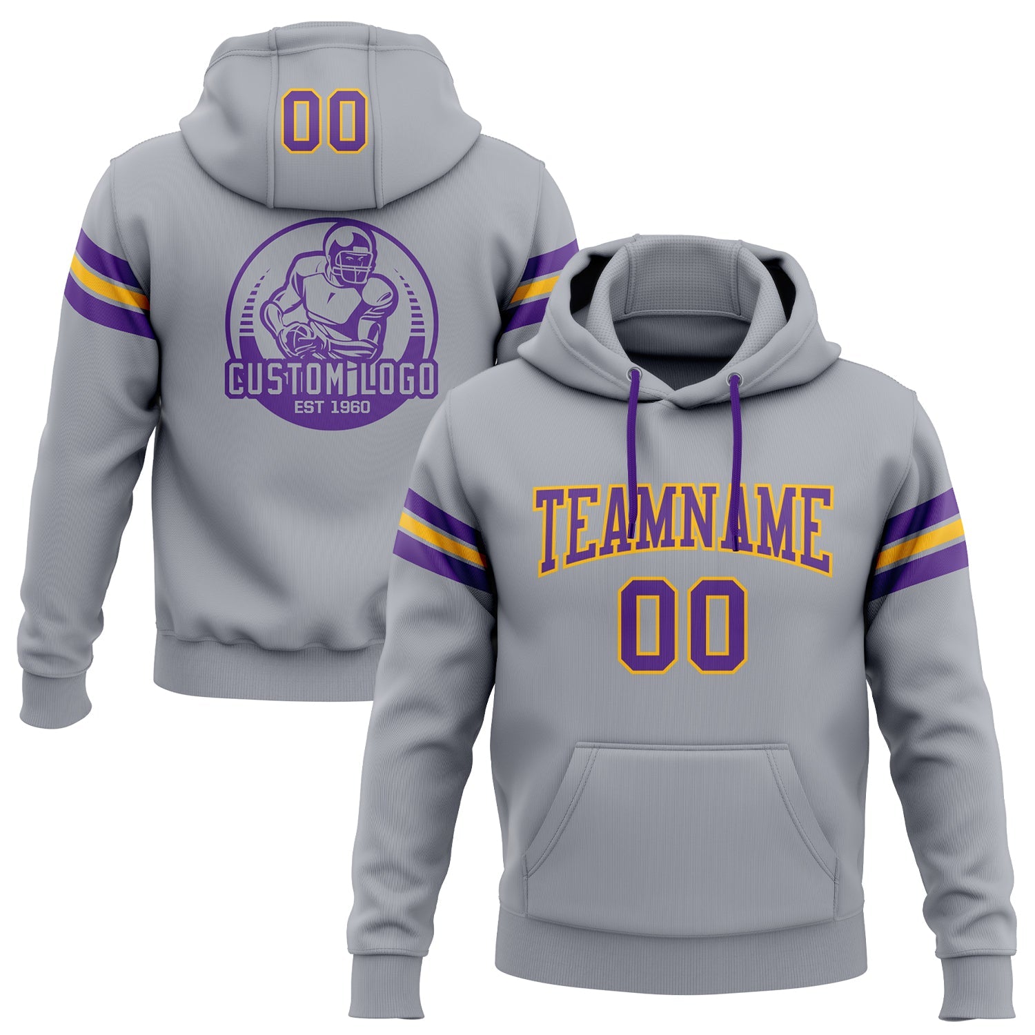 Custom Stitched Gray Purple-Gold Football Pullover Sweatshirt Hoodie - Main View