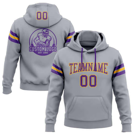 Custom Stitched Gray Purple-Gold Football Pullover Sweatshirt Hoodie - Main View