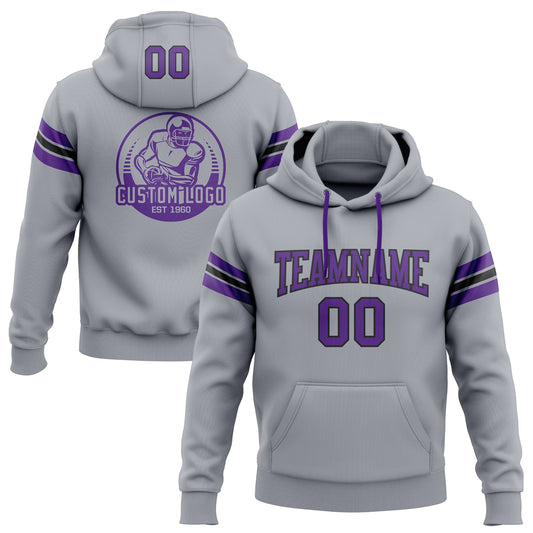 Custom Stitched Gray Purple-Black Football Pullover Sweatshirt Hoodie - Main View