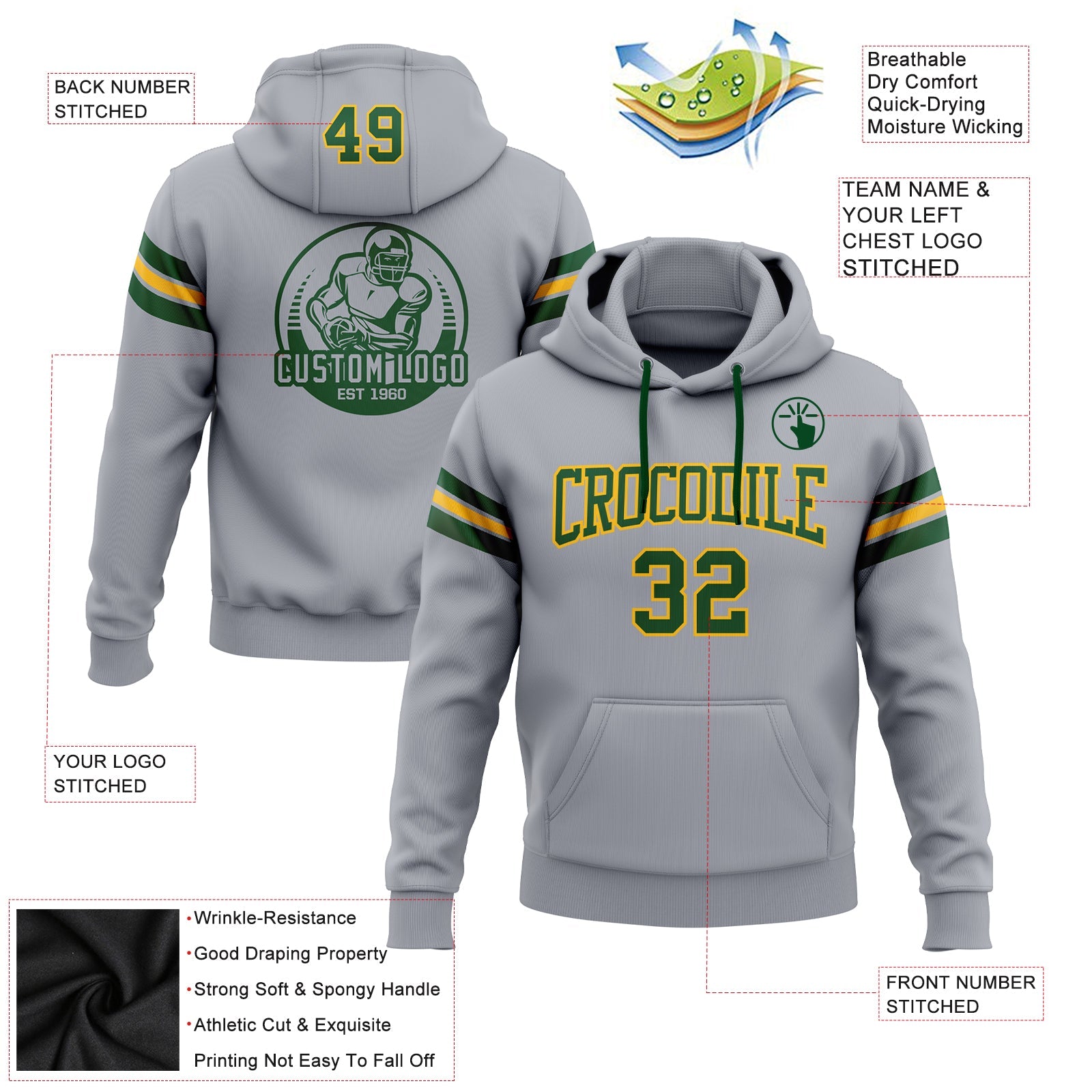 Custom Stitched Gray Green-Gold Football Pullover Sweatshirt Hoodie view 2
