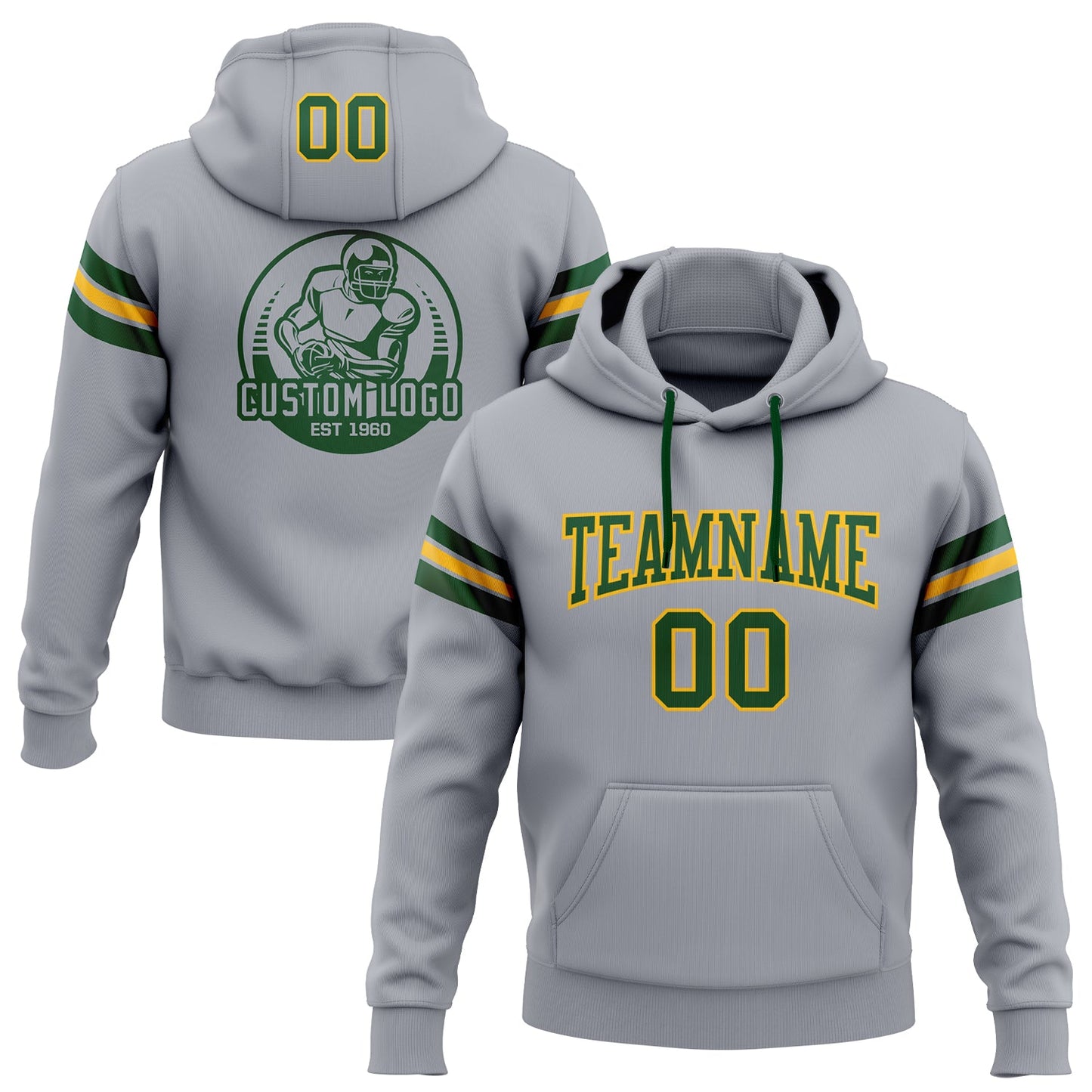 Custom Stitched Gray Green-Gold Football Pullover Sweatshirt Hoodie - Main View