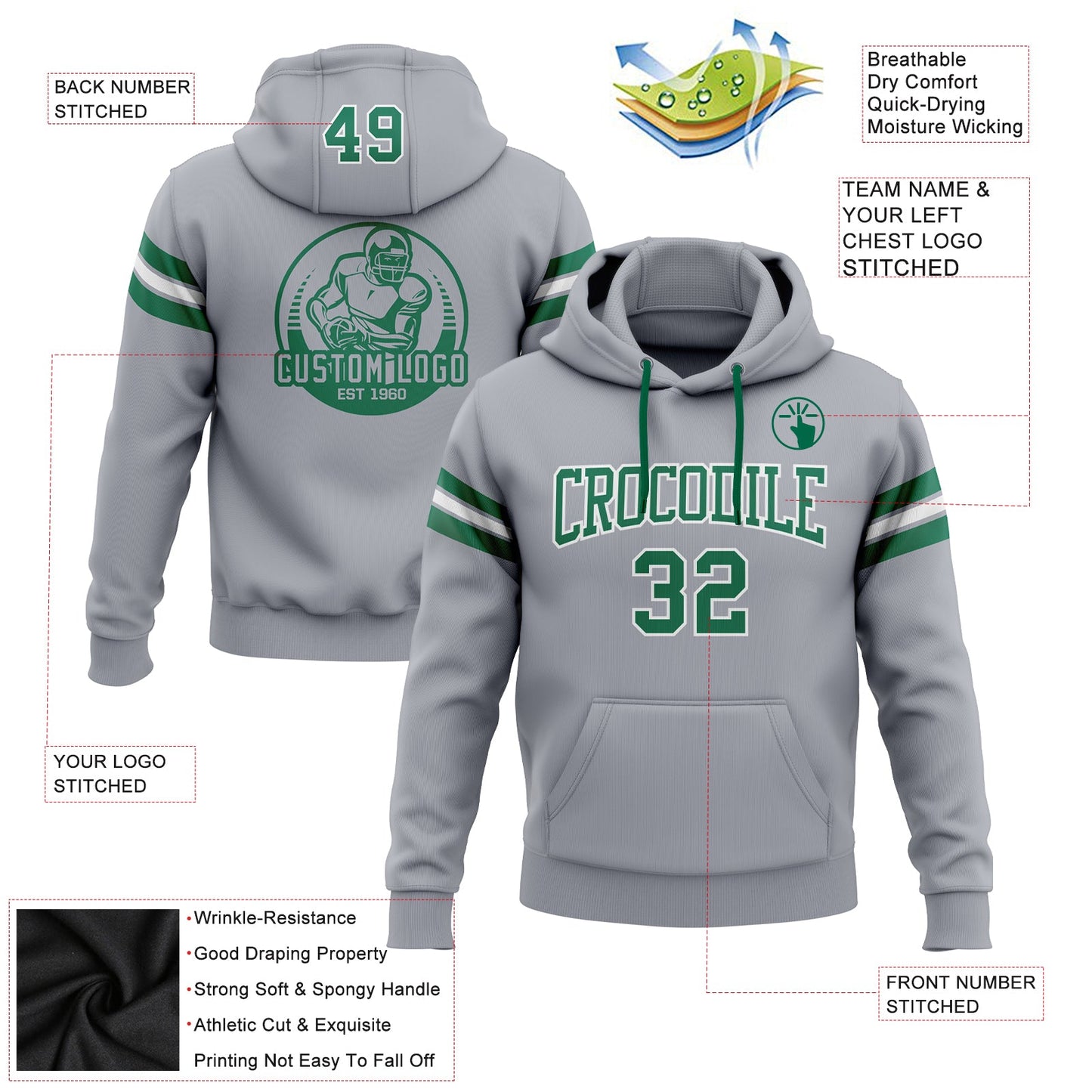 Custom Stitched Gray Kelly Green-White Football Pullover Sweatshirt Hoodie view 2