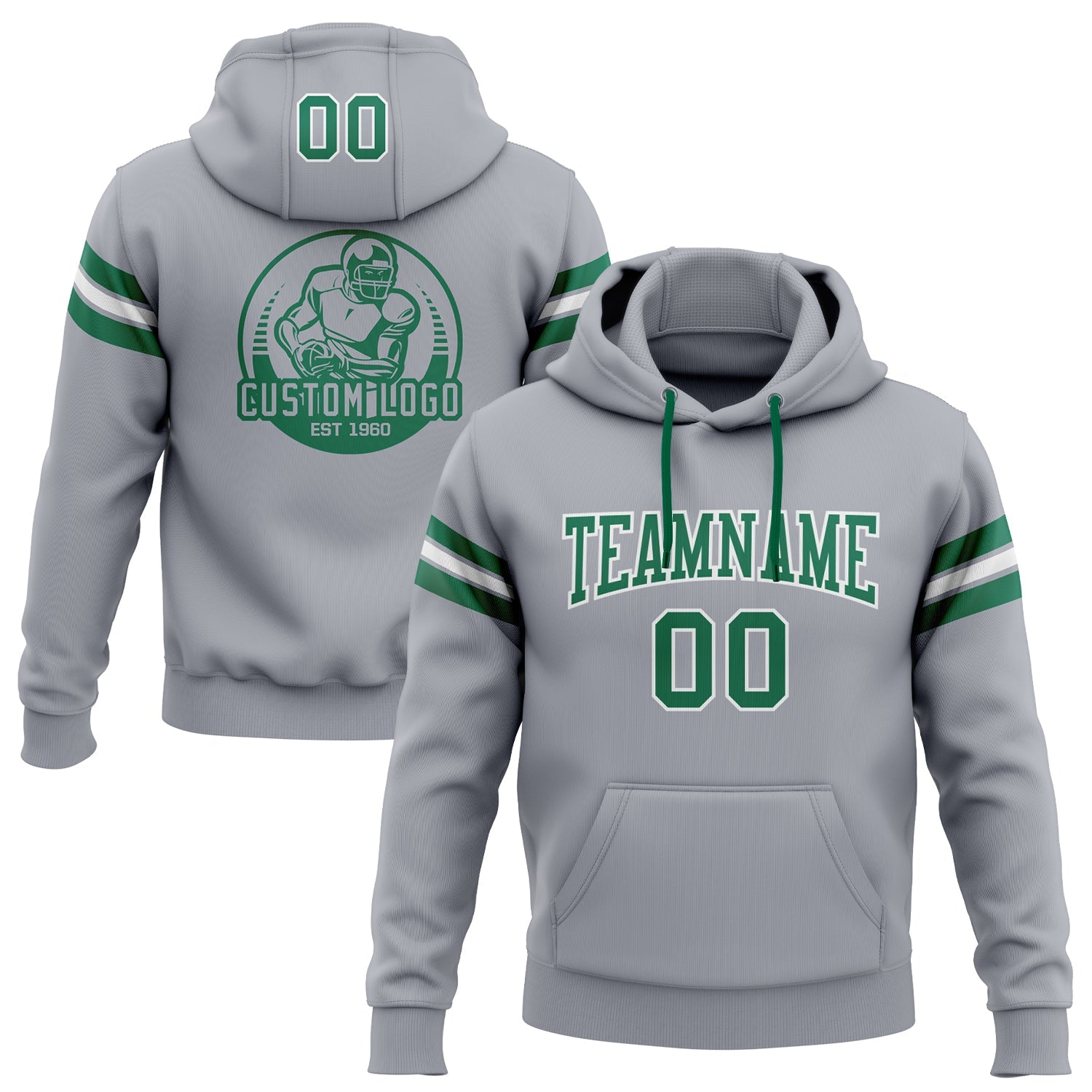 Custom Stitched Gray Kelly Green-White Football Pullover Sweatshirt Hoodie - Main View