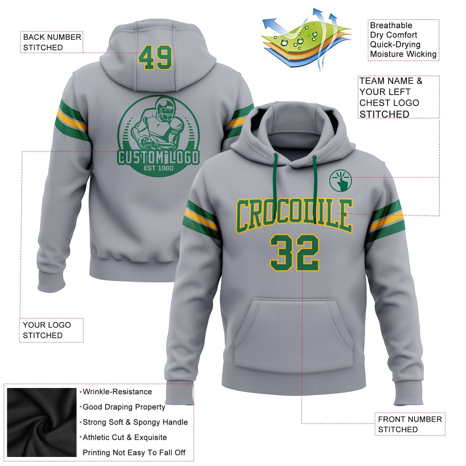 Custom Stitched Gray Kelly Green-Gold Football Pullover Sweatshirt Hoodie view 2
