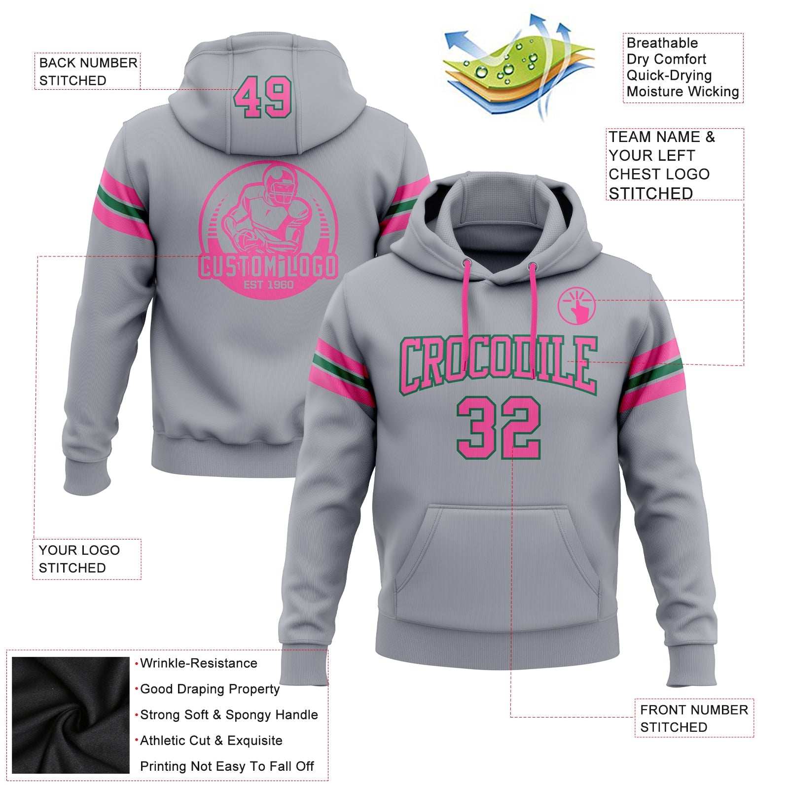 Custom Stitched Gray Pink-Kelly Green Football Pullover Sweatshirt Hoodie view 2