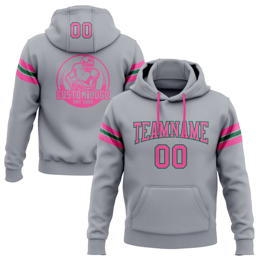 Custom Stitched Gray Pink-Kelly Green Football Pullover Sweatshirt Hoodie - Main View