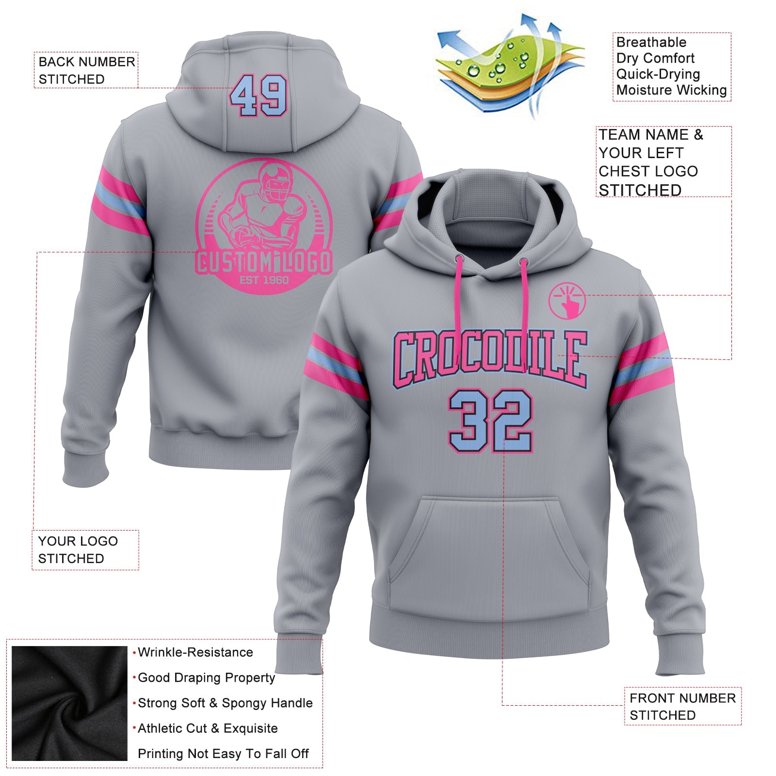 Custom Stitched Gray Light Blue Black-Pink Football Pullover Sweatshirt Hoodie view 2