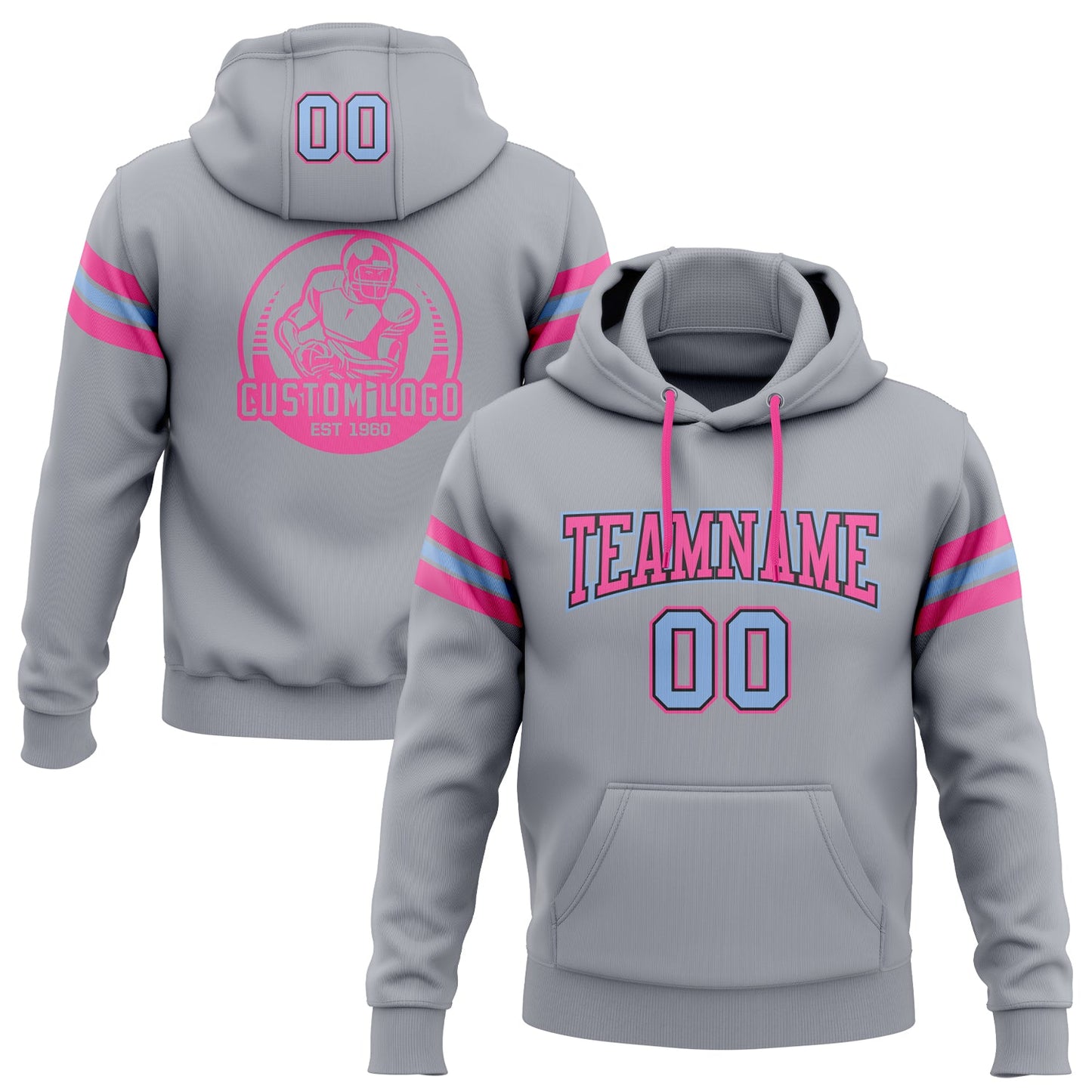 Custom Stitched Gray Light Blue Black-Pink Football Pullover Sweatshirt Hoodie - Main View