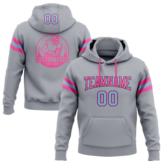 Custom Stitched Gray Light Blue Black-Pink Football Pullover Sweatshirt Hoodie - Main View