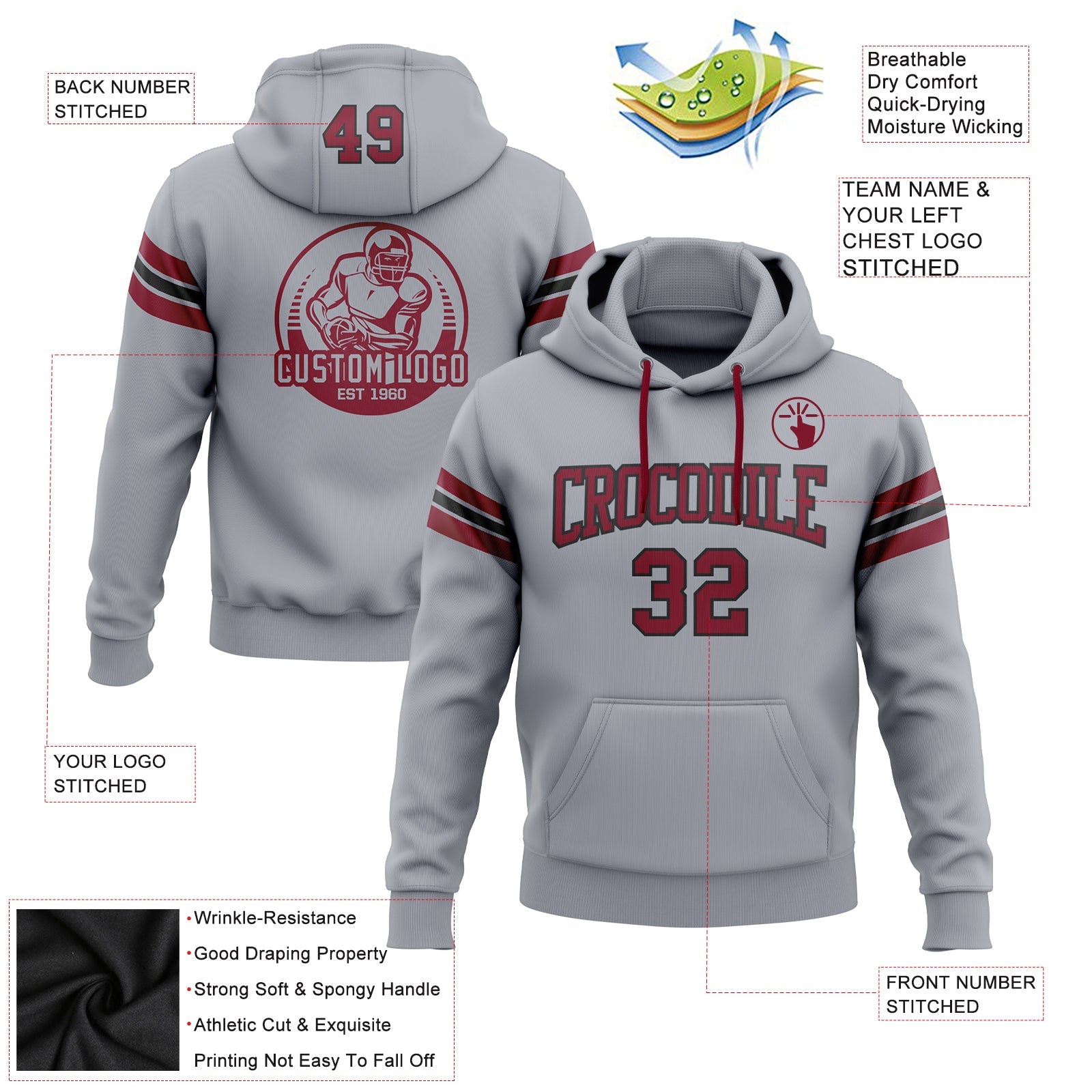 Custom Stitched Gray Crimson-Black Football Pullover Sweatshirt Hoodie view 2
