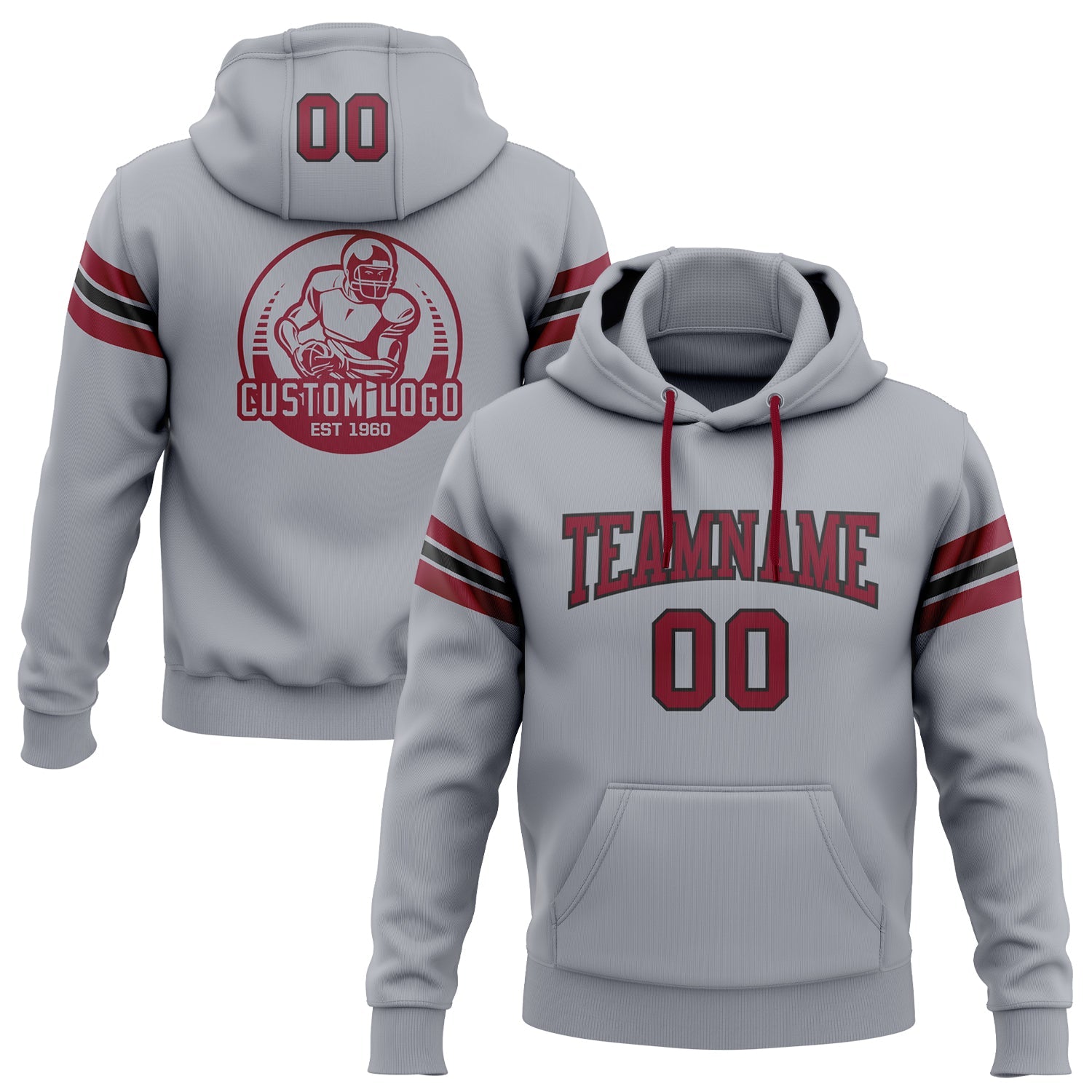 Custom Stitched Gray Crimson-Black Football Pullover Sweatshirt Hoodie - Main View
