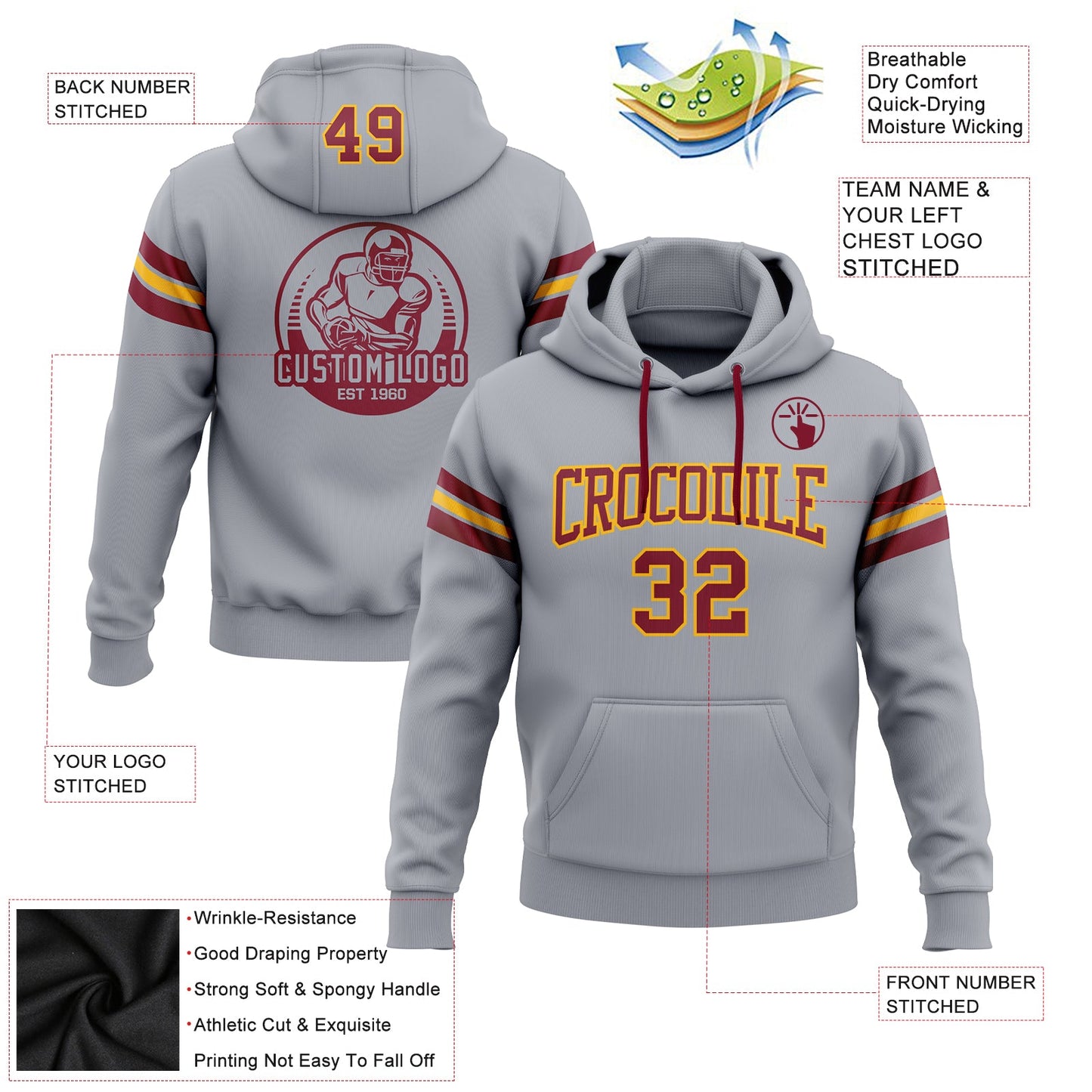 Custom Stitched Gray Crimson-Gold Football Pullover Sweatshirt Hoodie view 2