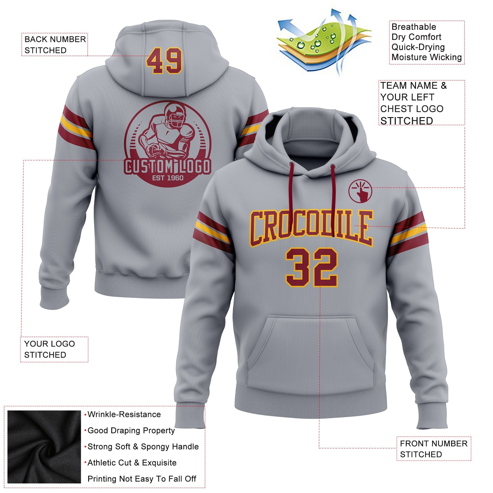Custom Stitched Gray Crimson-Gold Football Pullover Sweatshirt Hoodie view 2