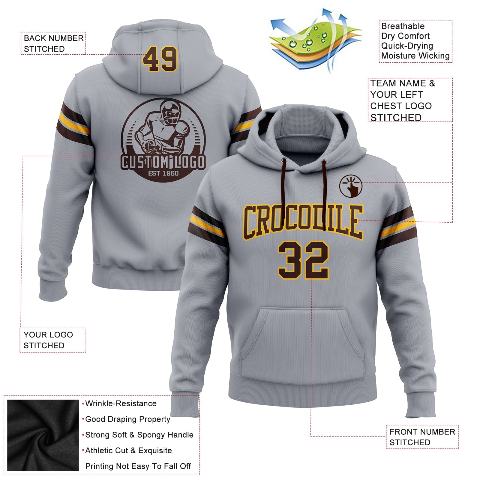 Custom Stitched Gray Brown-Gold Football Pullover Sweatshirt Hoodie view 2