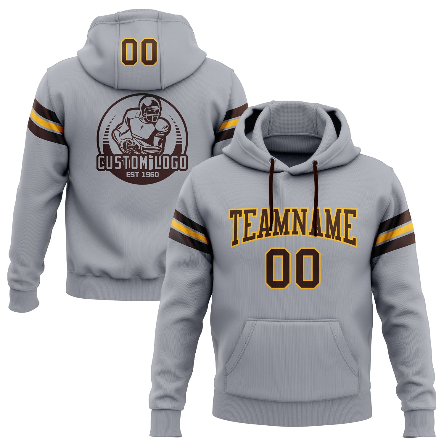 Custom Stitched Gray Brown-Gold Football Pullover Sweatshirt Hoodie - Main View