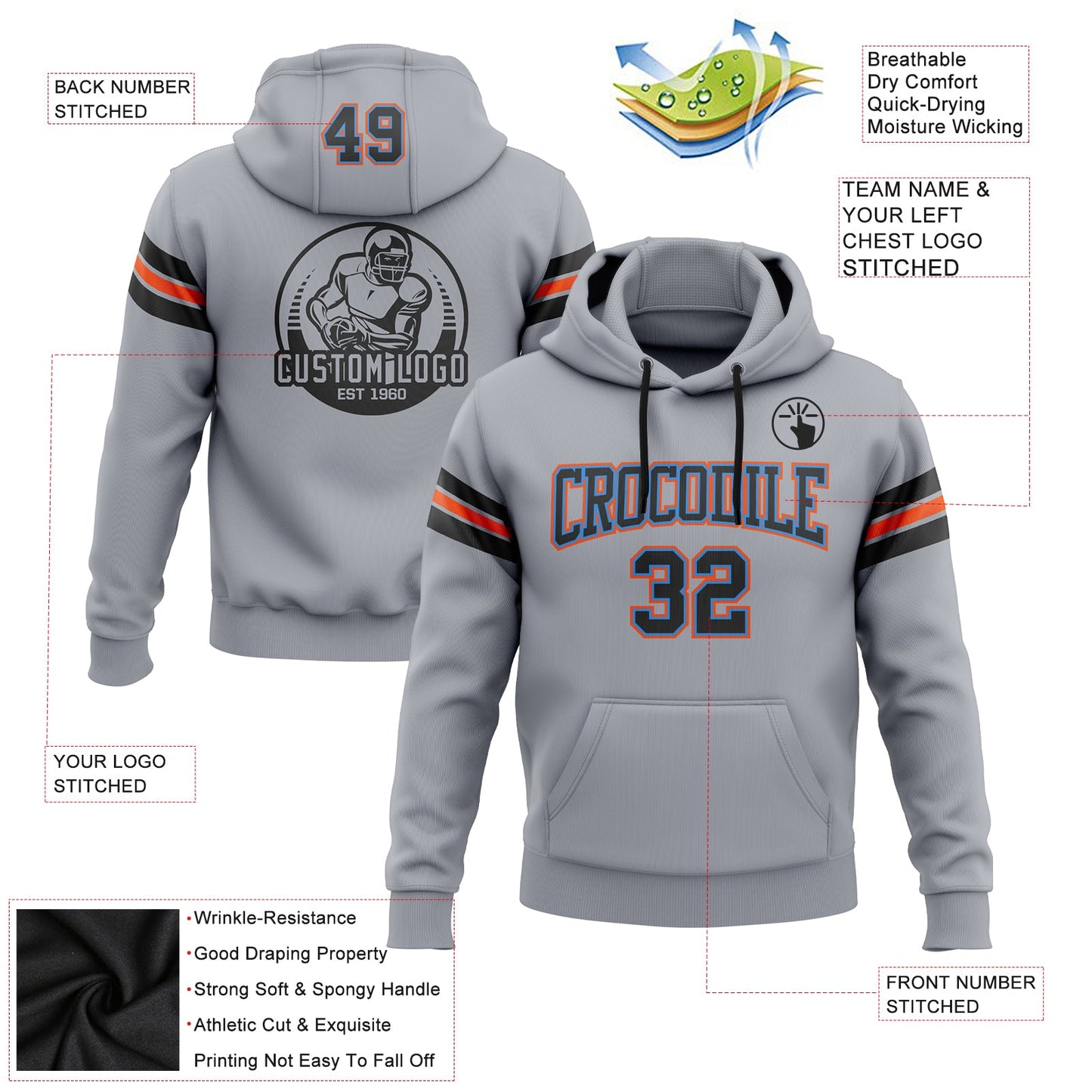 Custom Stitched Gray Black Powder Blue-Orange Football Pullover Sweatshirt Hoodie view 2