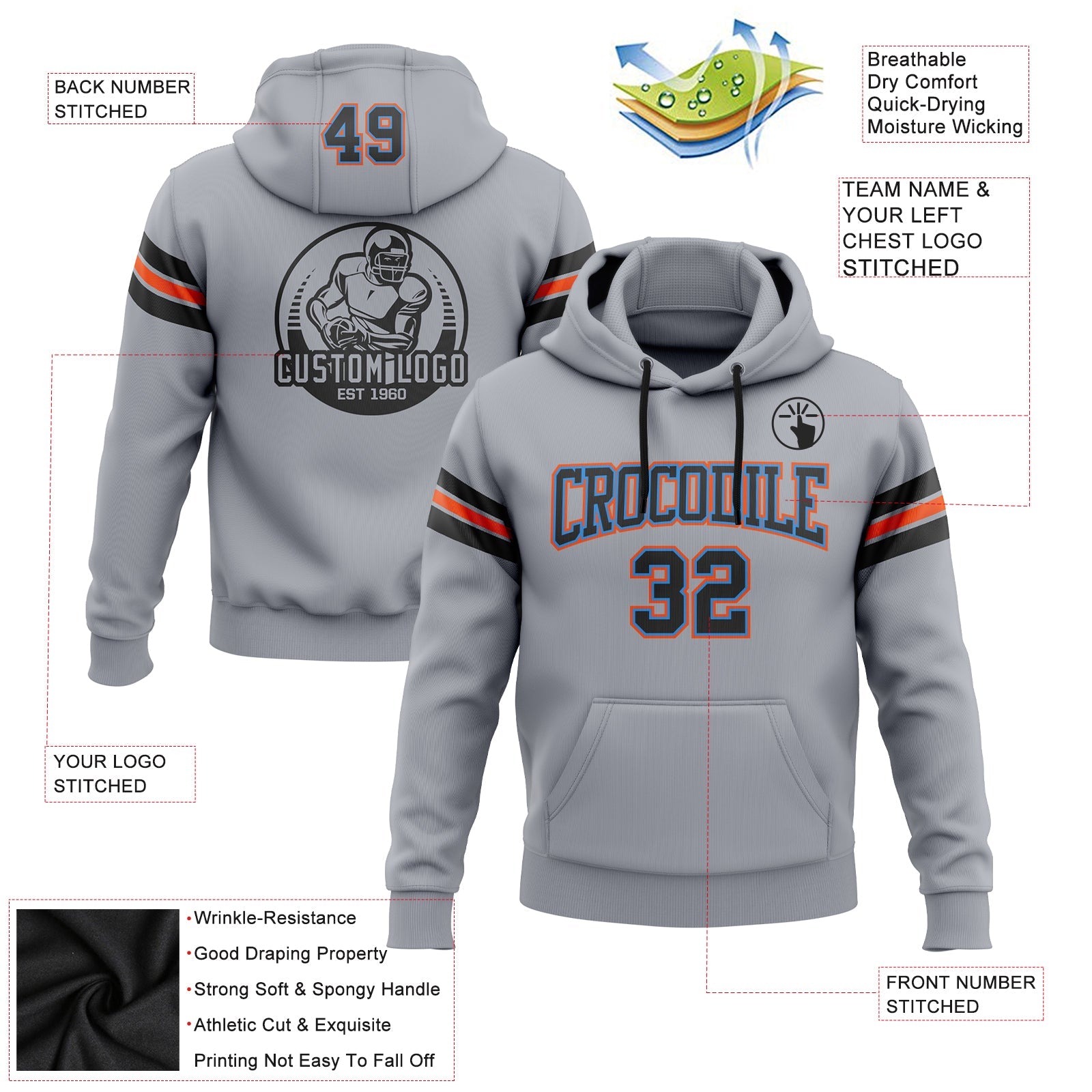 Custom Stitched Gray Black Powder Blue-Orange Football Pullover Sweatshirt Hoodie view 2