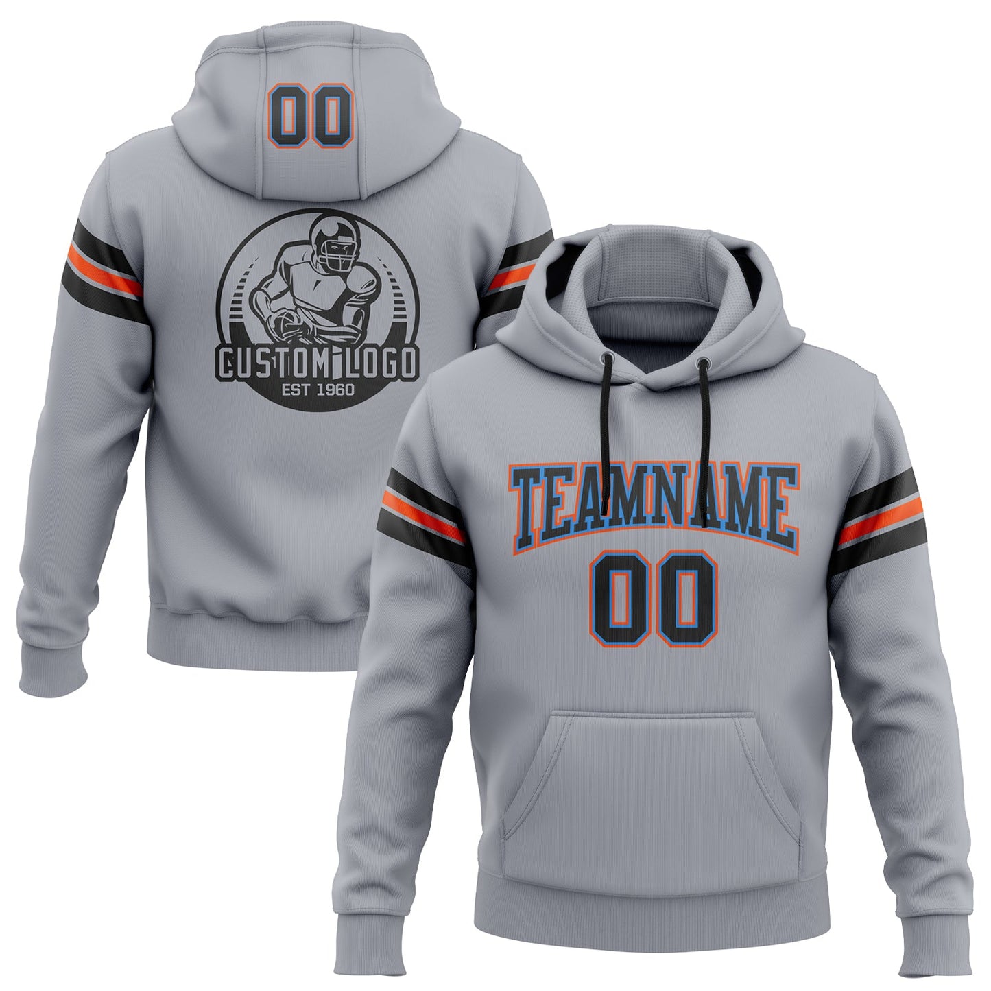 Custom Stitched Gray Black Powder Blue-Orange Football Pullover Sweatshirt Hoodie - Main View