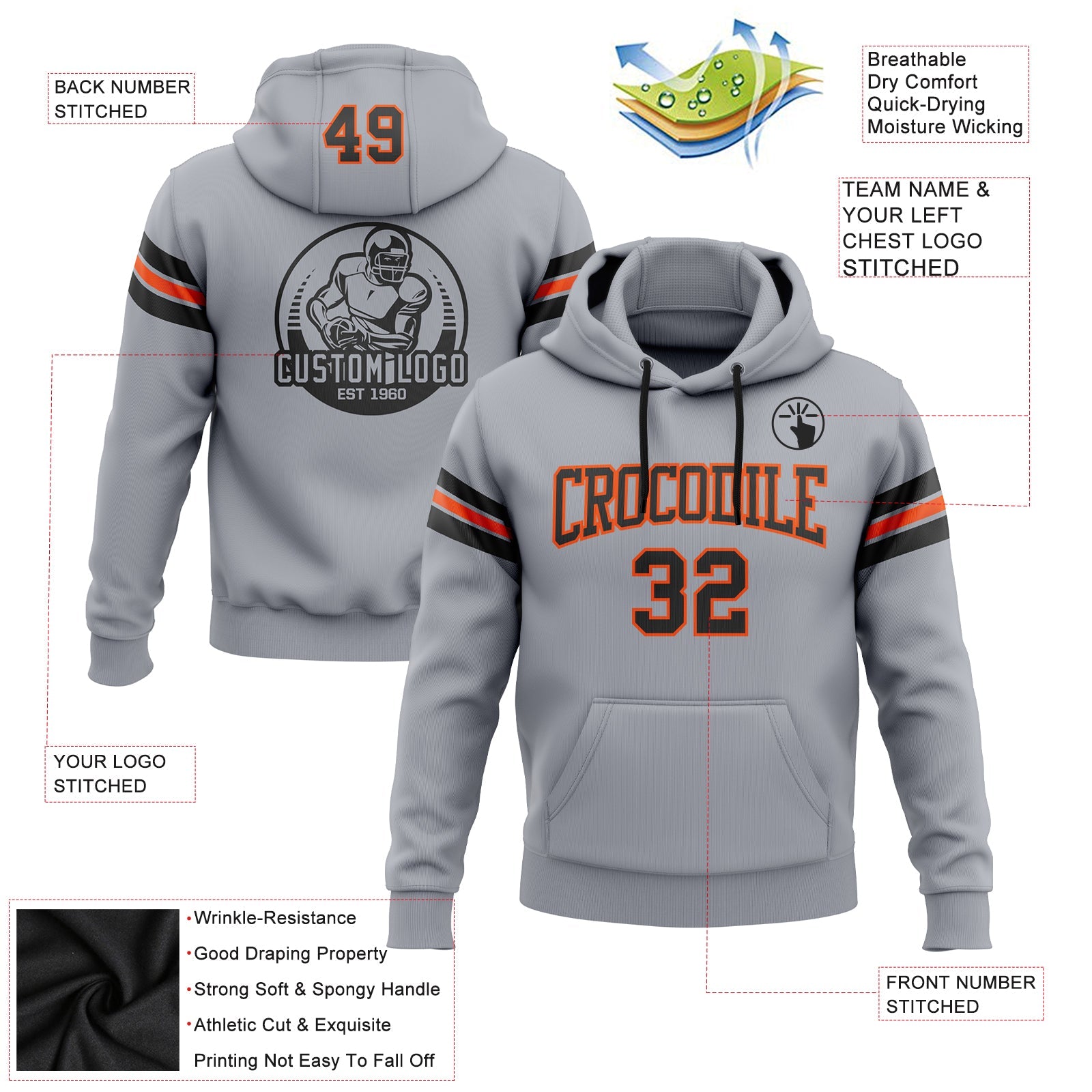 Custom Stitched Gray Black-Orange Football Pullover Sweatshirt Hoodie view 2