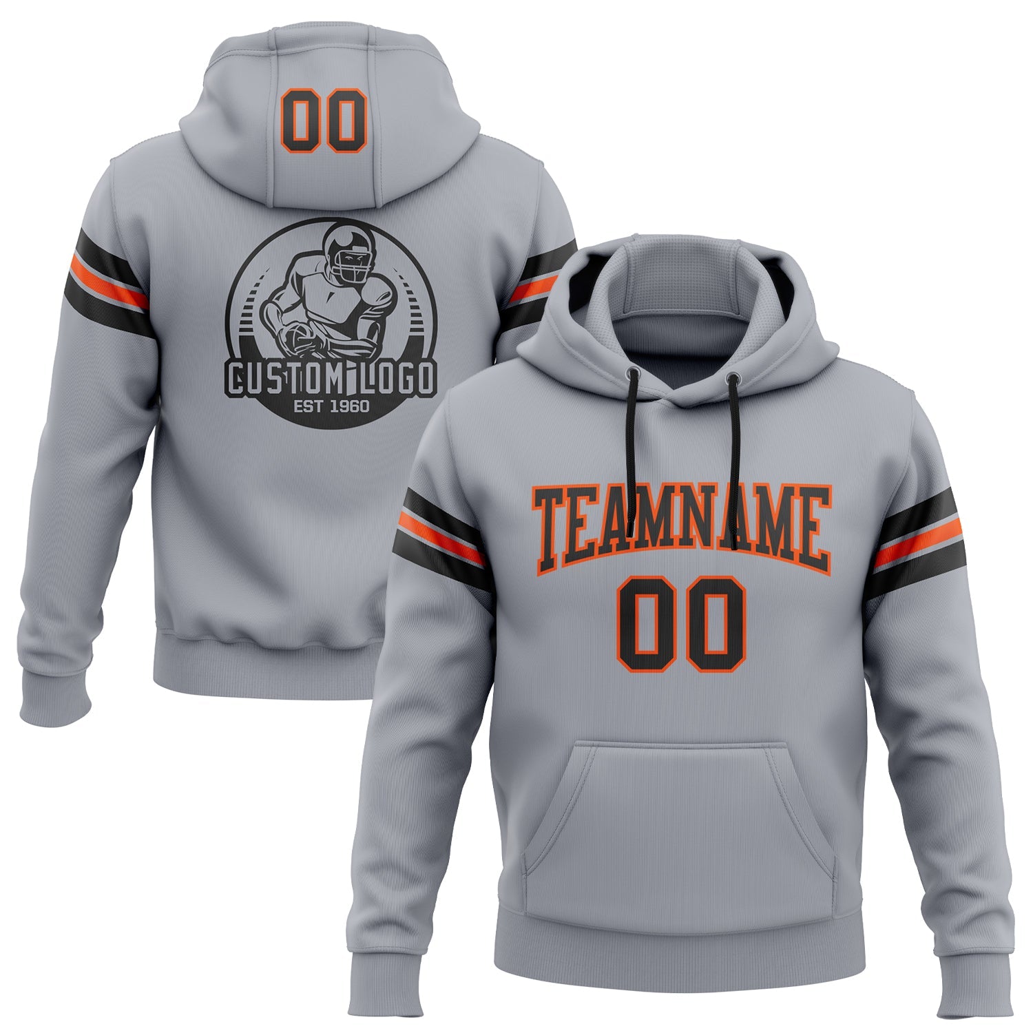 Custom Stitched Gray Black-Orange Football Pullover Sweatshirt Hoodie - Main View