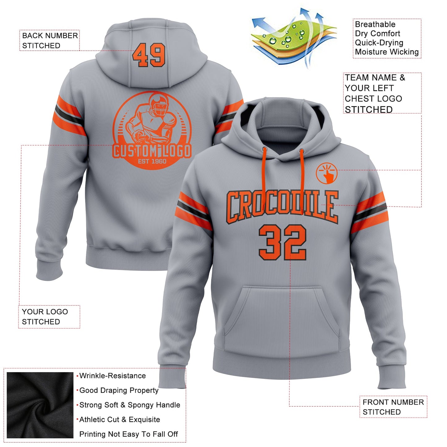 Custom Stitched Gray Orange-Black Football Pullover Sweatshirt Hoodie view 2