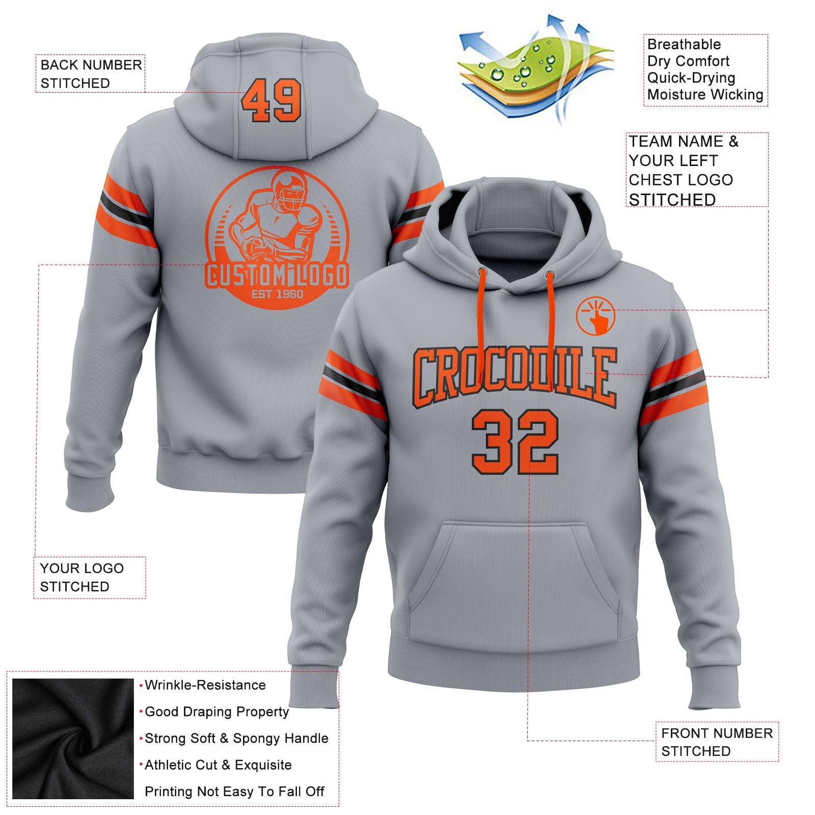 Custom Stitched Gray Orange-Black Football Pullover Sweatshirt Hoodie view 2