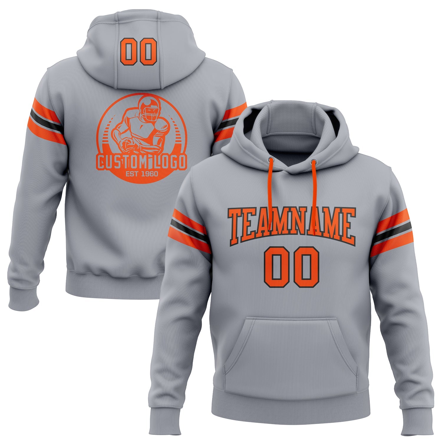 Custom Stitched Gray Orange-Black Football Pullover Sweatshirt Hoodie - Main View
