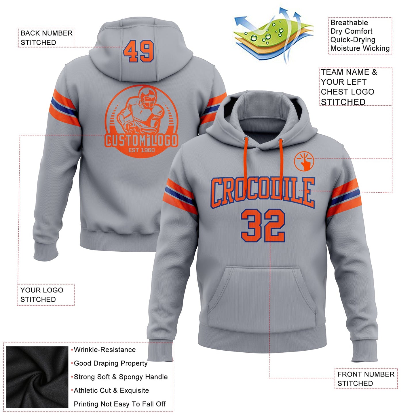Custom Stitched Gray Orange-Royal Football Pullover Sweatshirt Hoodie view 2