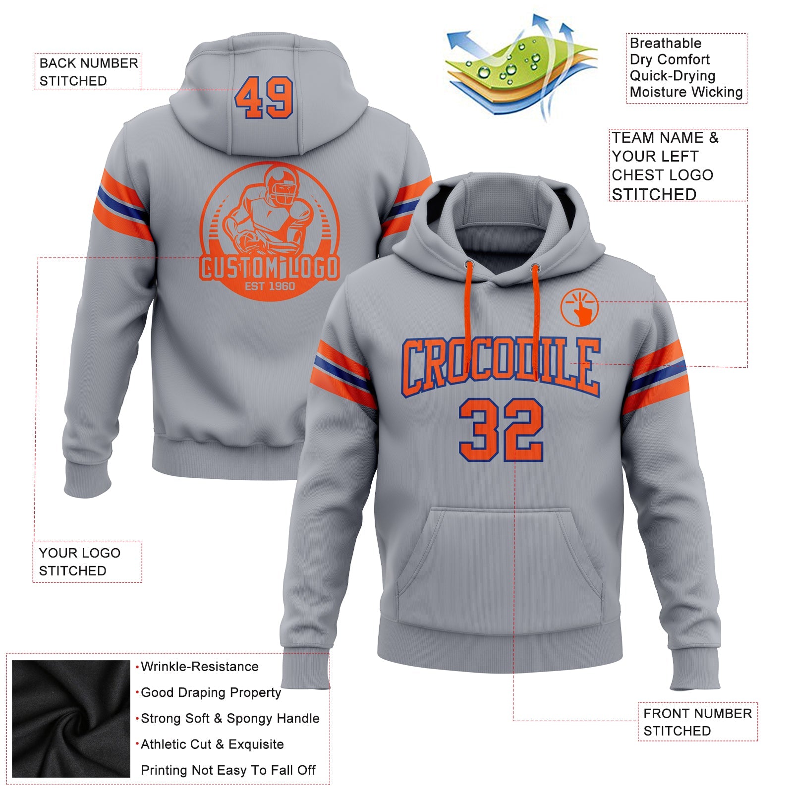 Custom Stitched Gray Orange-Royal Football Pullover Sweatshirt Hoodie view 2