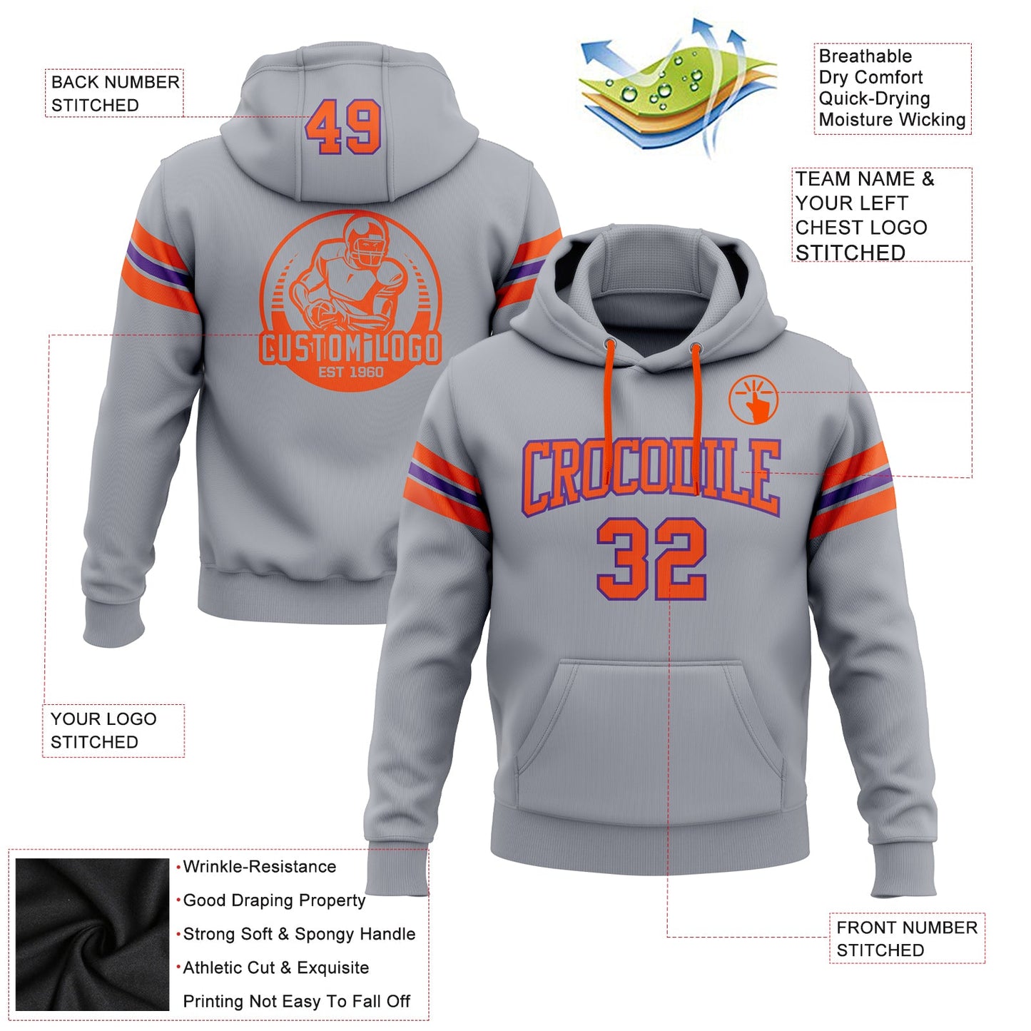 Custom Stitched Gray Orange-Purple Football Pullover Sweatshirt Hoodie view 2