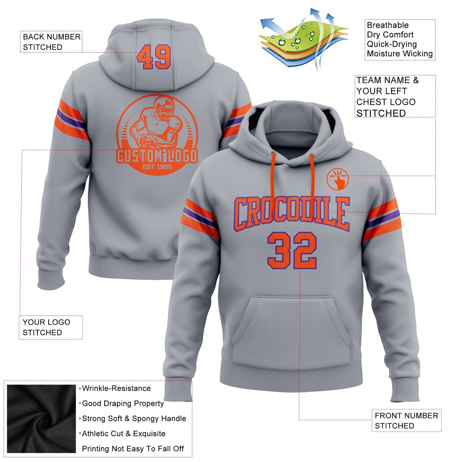 Custom Stitched Gray Orange-Purple Football Pullover Sweatshirt Hoodie view 2