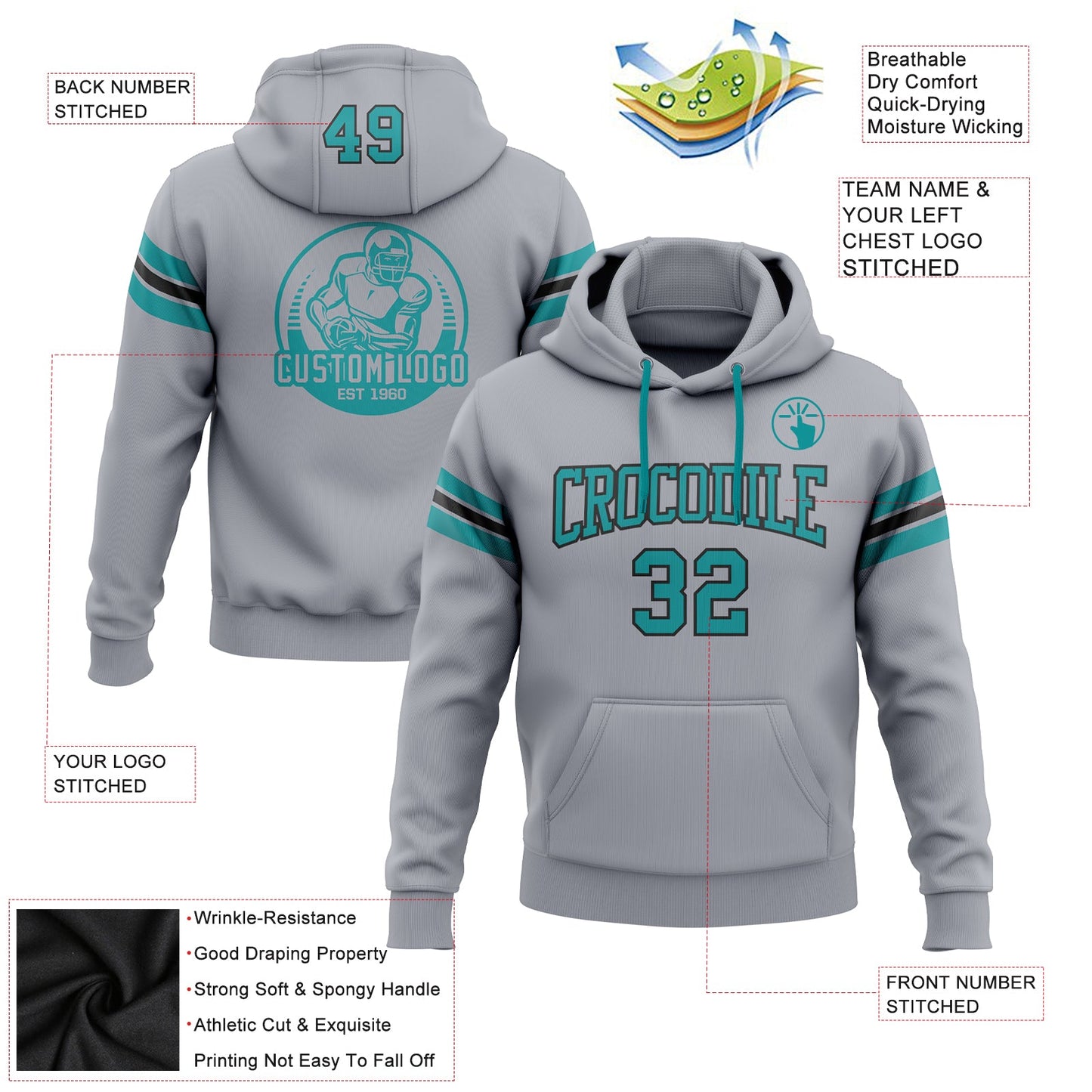 Custom Stitched Gray Teal-Black Football Pullover Sweatshirt Hoodie view 2