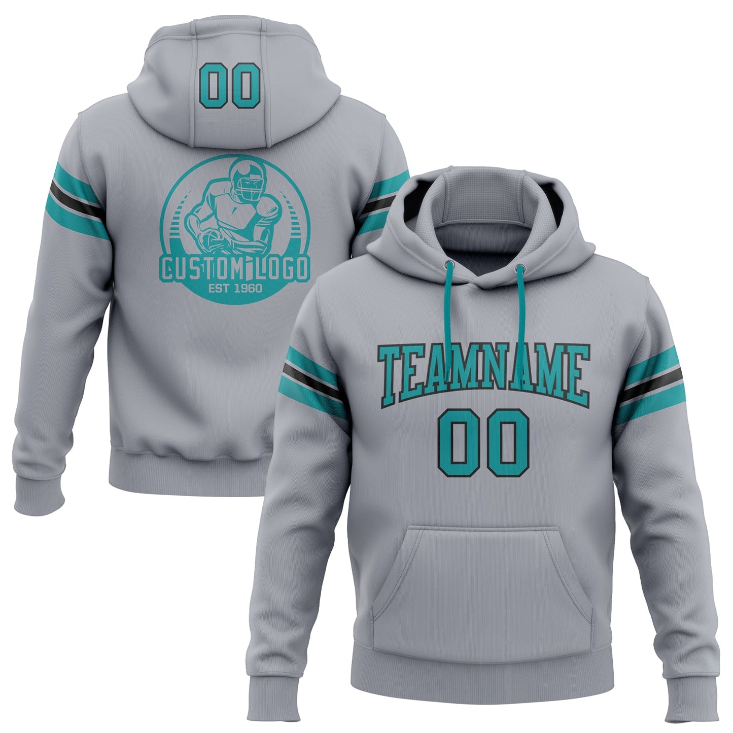 Custom Stitched Gray Teal-Black Football Pullover Sweatshirt Hoodie - Main View