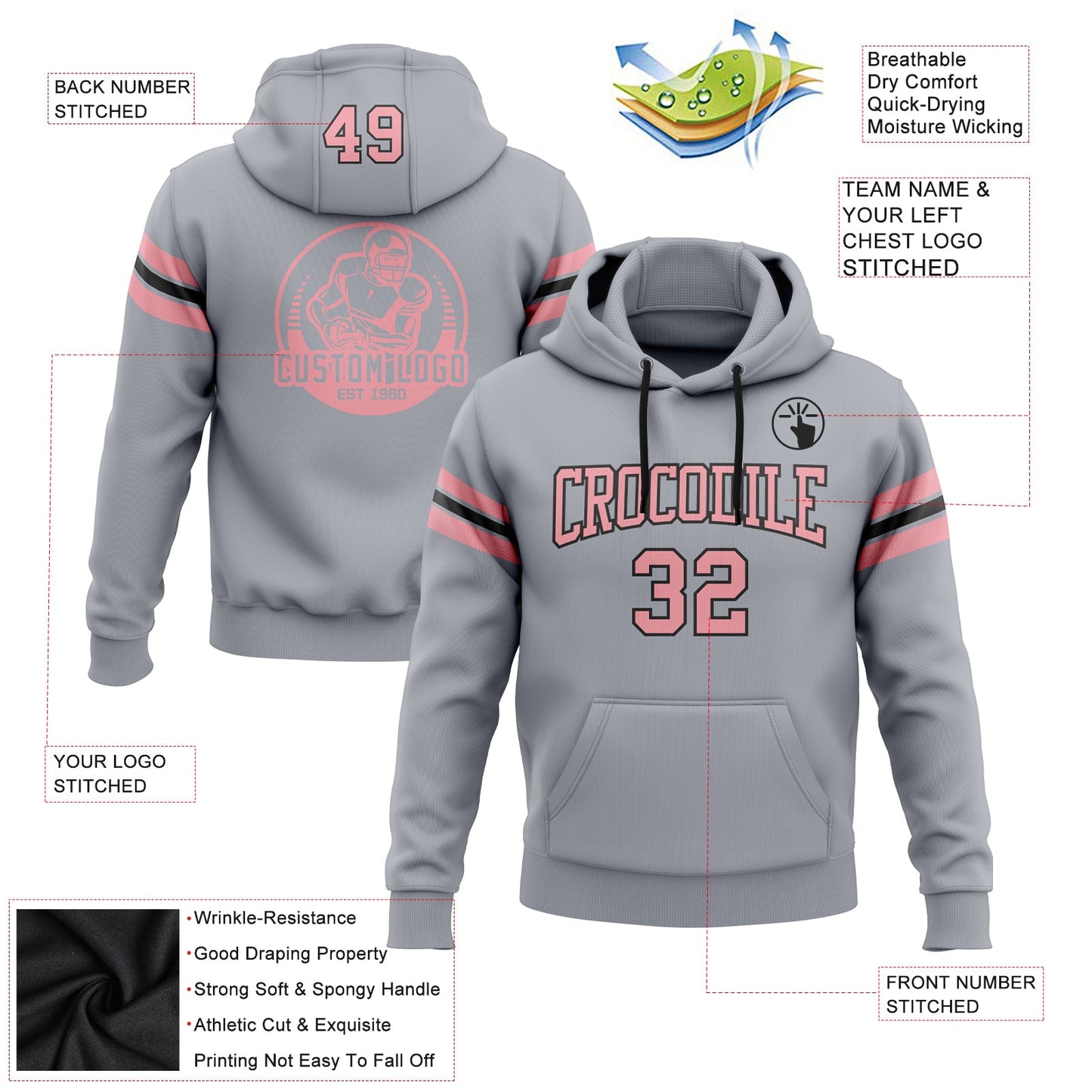 Custom Stitched Gray Medium Pink-Black Football Pullover Sweatshirt Hoodie view 2