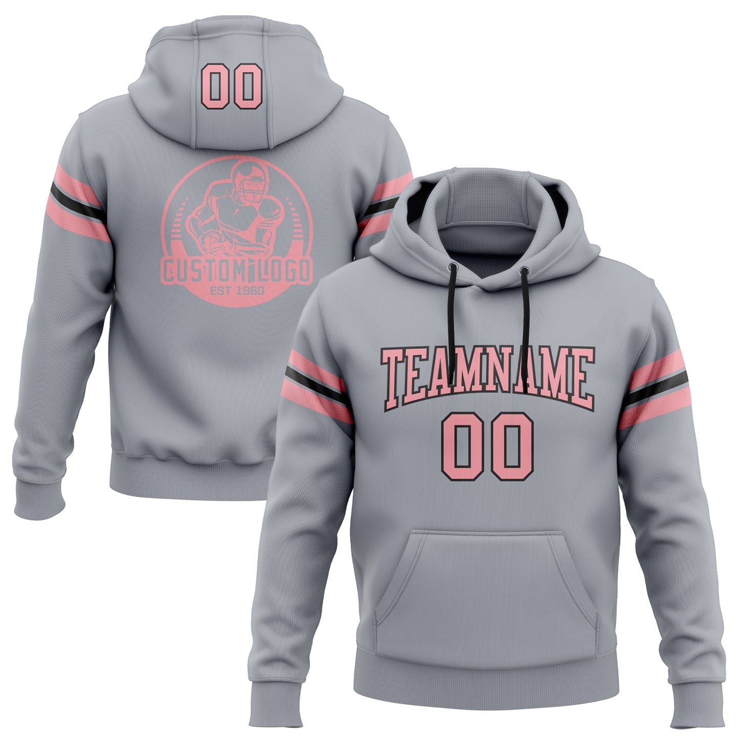 Custom Stitched Gray Medium Pink-Black Football Pullover Sweatshirt Hoodie - Main View