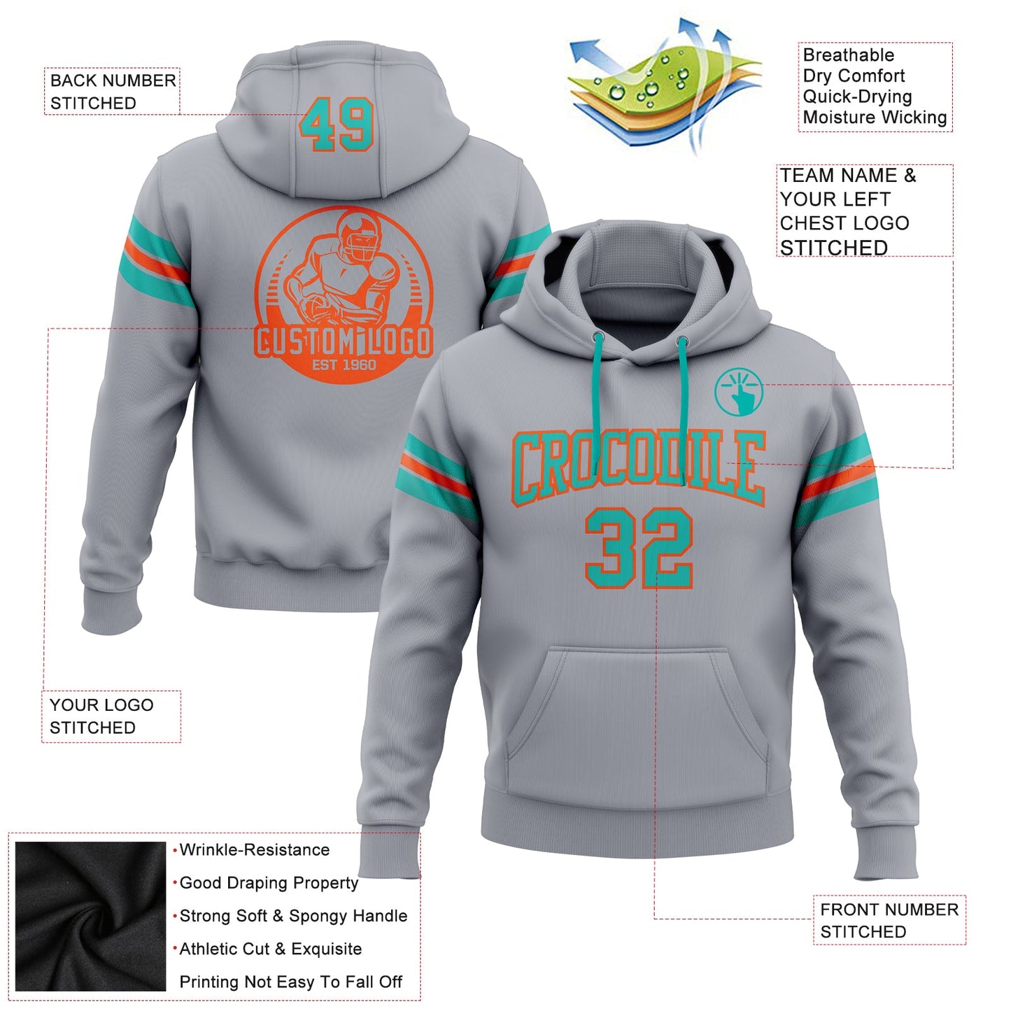 Custom Stitched Gray Aqua-Orange Football Pullover Sweatshirt Hoodie view 2