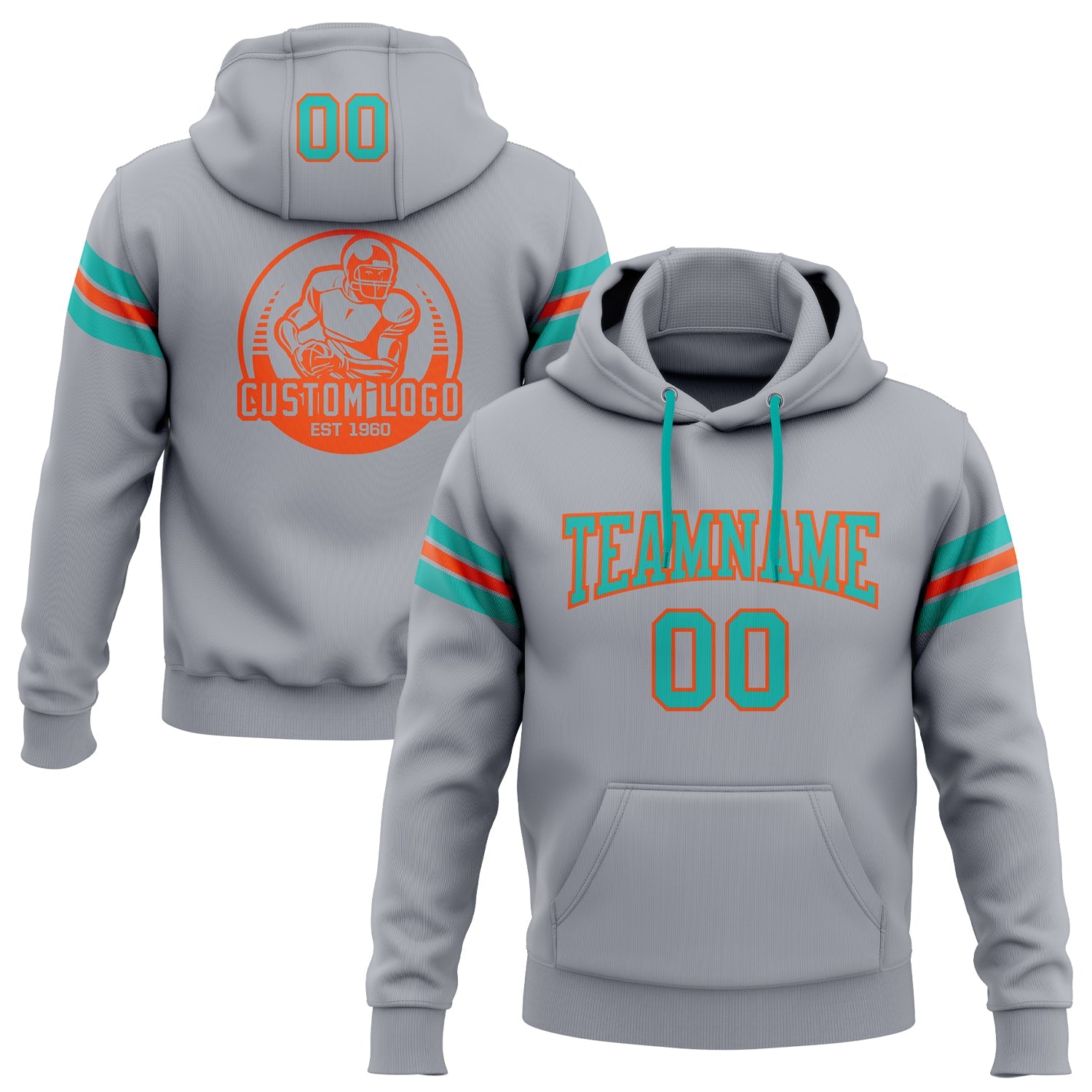 Custom Stitched Gray Aqua-Orange Football Pullover Sweatshirt Hoodie - Main View