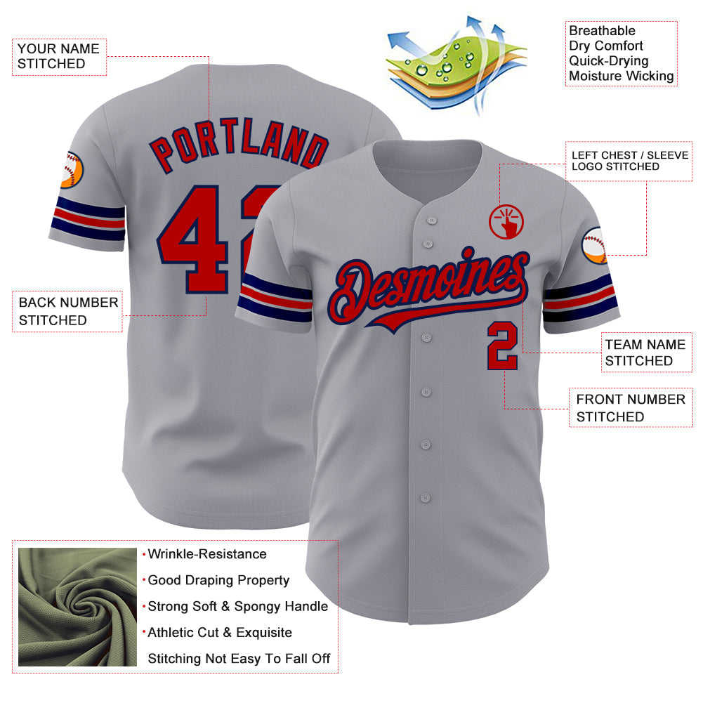 Custom Gray Red-Navy Authentic Baseball Jersey view 3