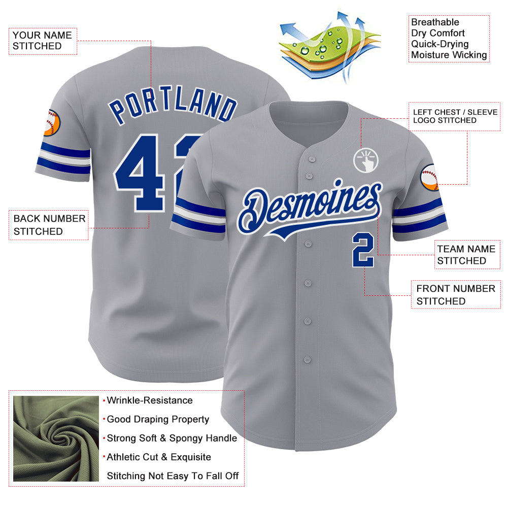 Custom Gray Royal-White Authentic Baseball Jersey view 3