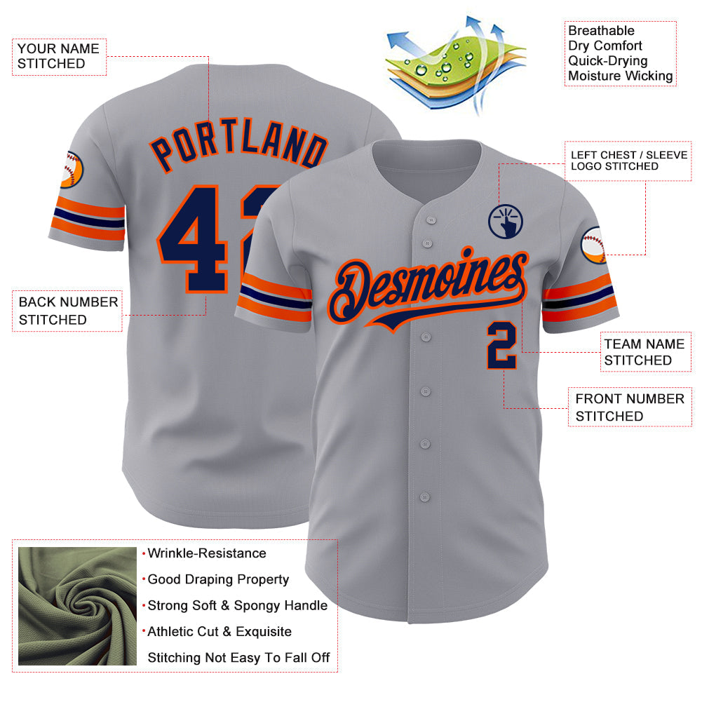 Custom Gray Navy-Orange Authentic Baseball Jersey view 3