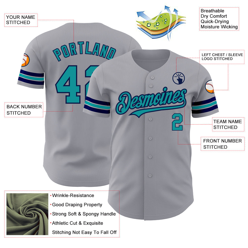 Custom Gray Teal-Navy Authentic Baseball Jersey view 3