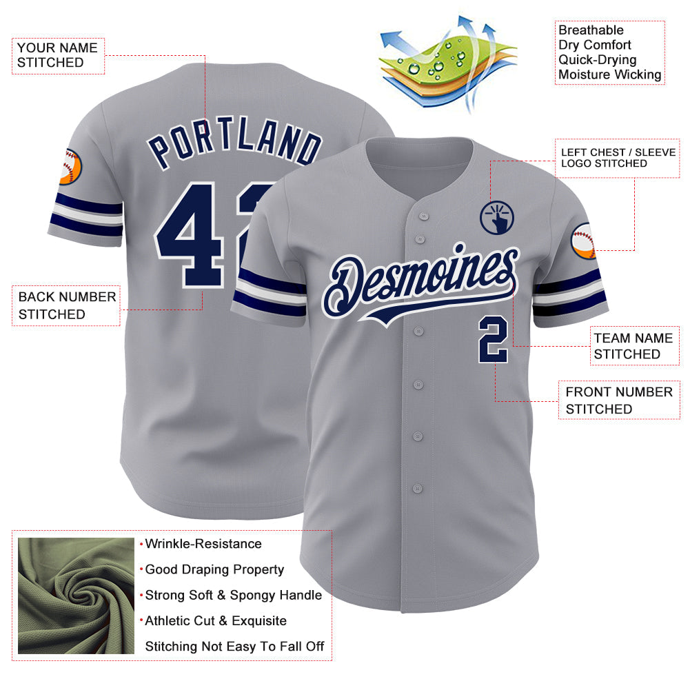 Custom Gray Navy-White Authentic Baseball Jersey view 3